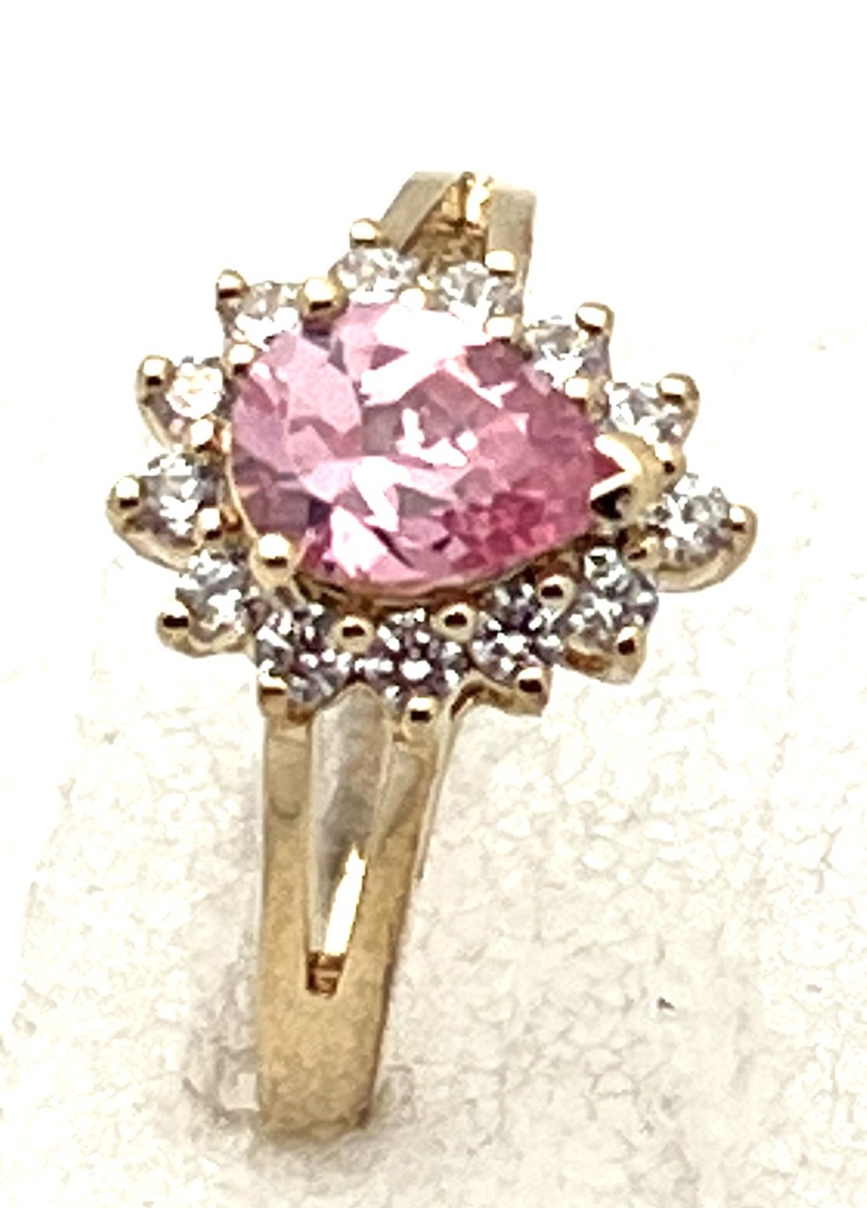 DaneCraft 24KT Gold Over 925 Sterling 4.1 Gram 13 Clear 1 Pink Pear Ring Size  7