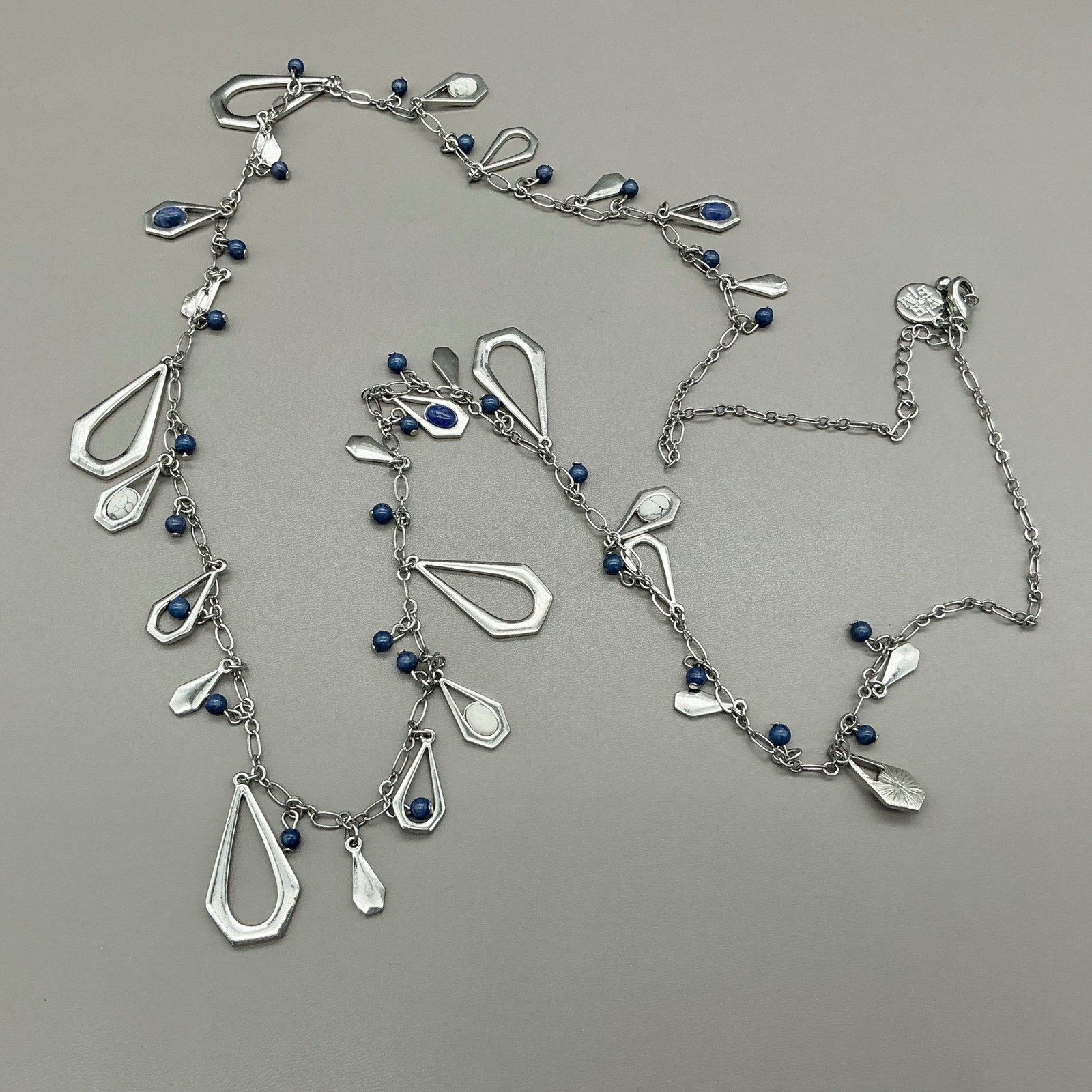 White House Black Market Necklace Silver Tone Blue Bead Charm Dangle Station 36″
