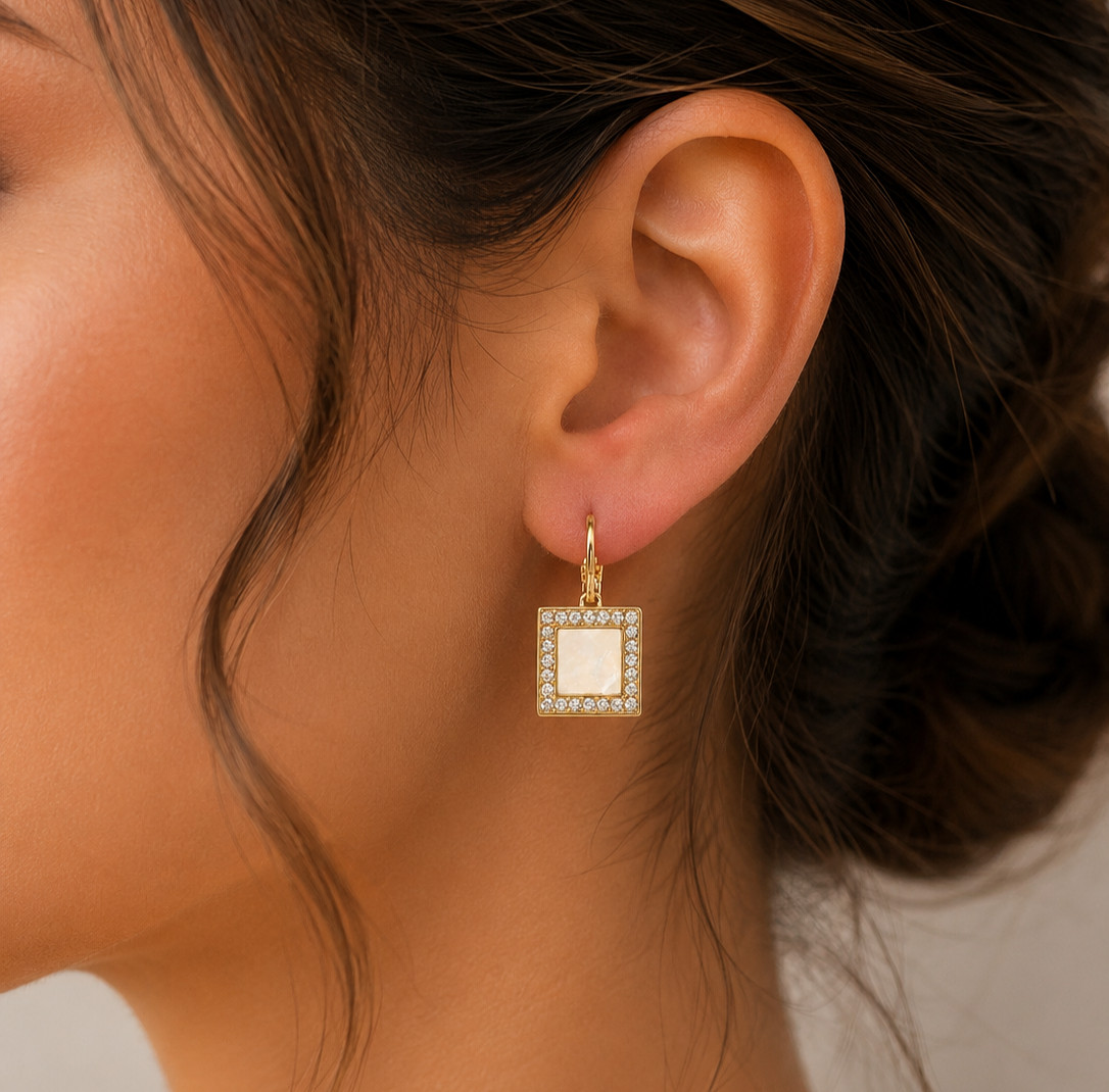 Gold Plated Square Drop Faux Pearl Inlay & Crystal Halo Dangle Party Earrings