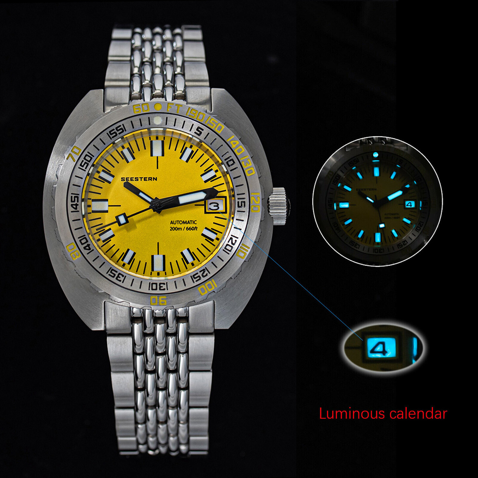 Seestern V3 42MM SUB 300T LUME DATE Bezel 200m DIVER’S Mens Sport Watch YELLOW