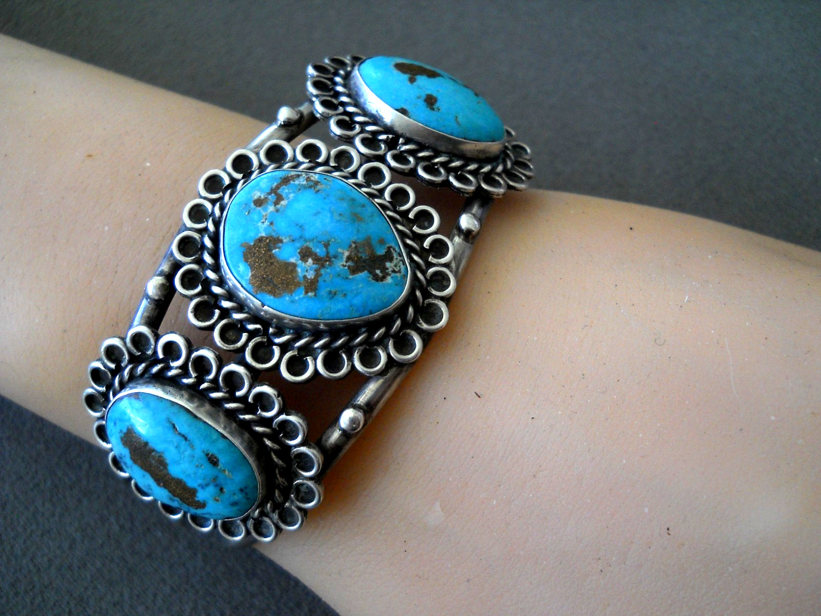 Native American Navajo Blue Turquoise w/Pyrite Sterling Silver Cuff Bracelet 40g