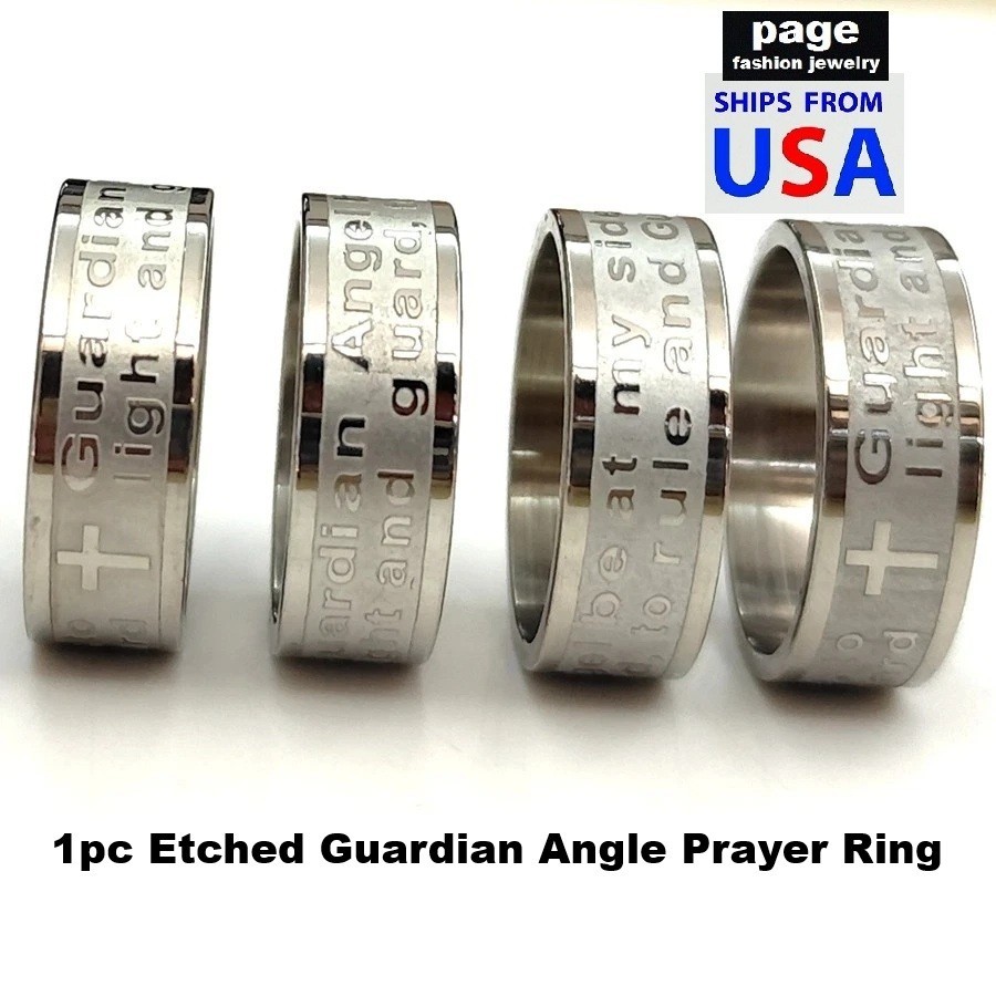 1pc Etched Guardian Angle Prayer Stainless Steel Jesus Religion Ring Size 6-12