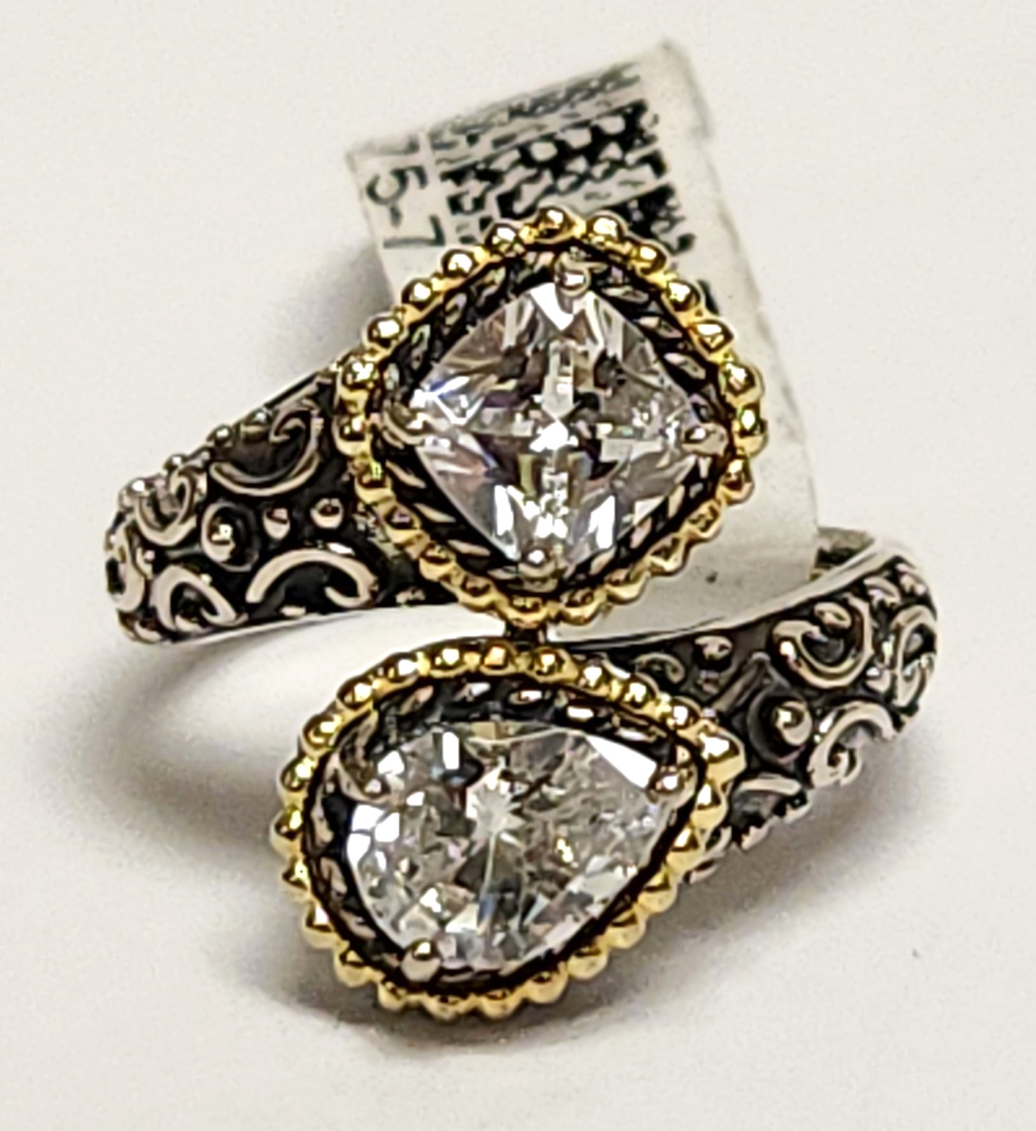 NWT Fuzion Creations White Zircon Sterling Silver Gold Vermeil Bypass Ring 6.5