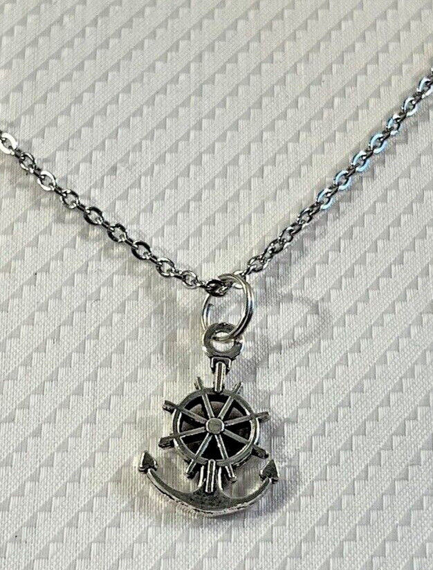 Ships Wheel Anchor Silver SM Pendant Necklace 18” Stainless Nautical NEW