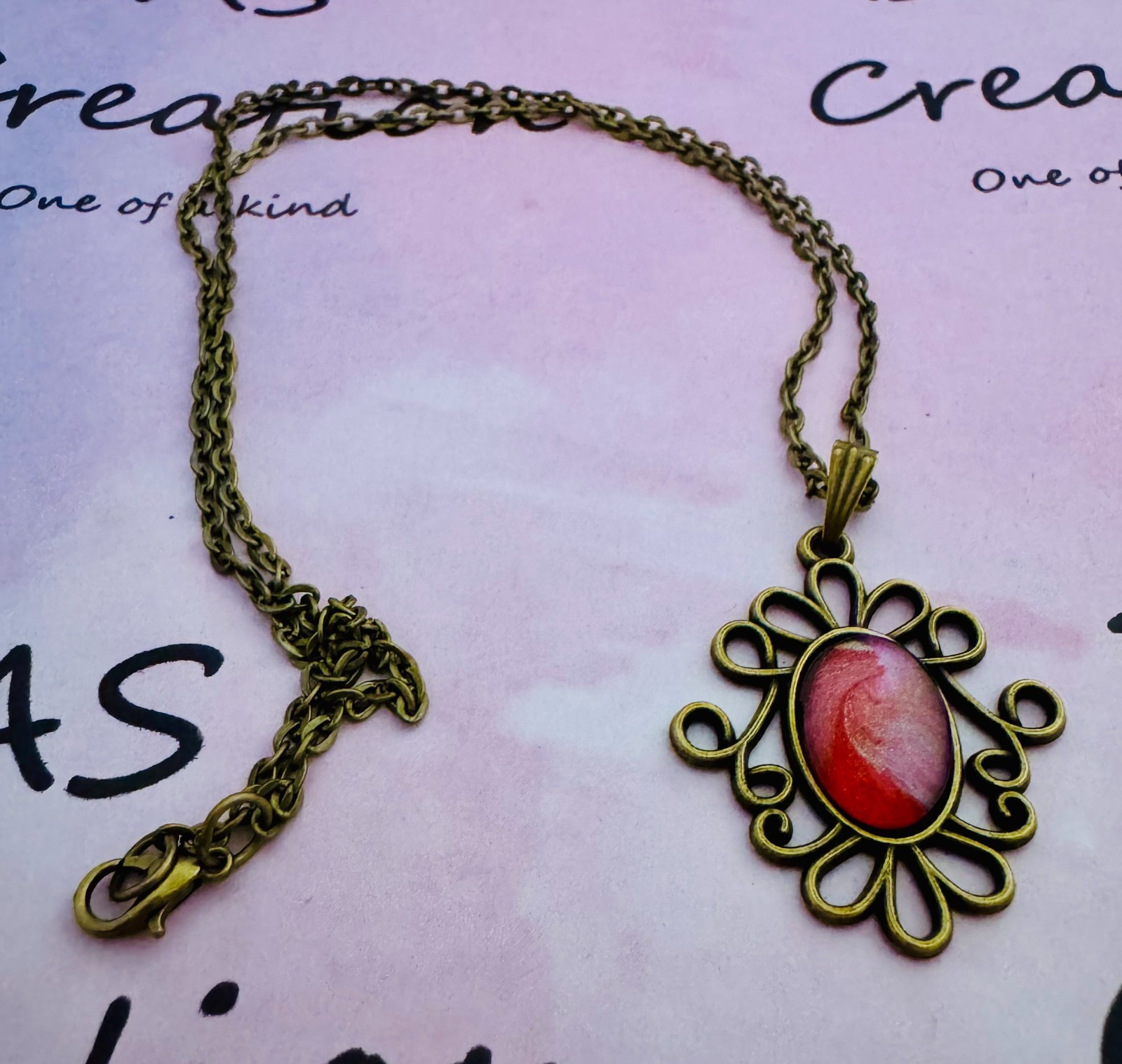 Bronze Filigree Cabochon Pendant One of a kind Hand-Painted by a local Artist Me
