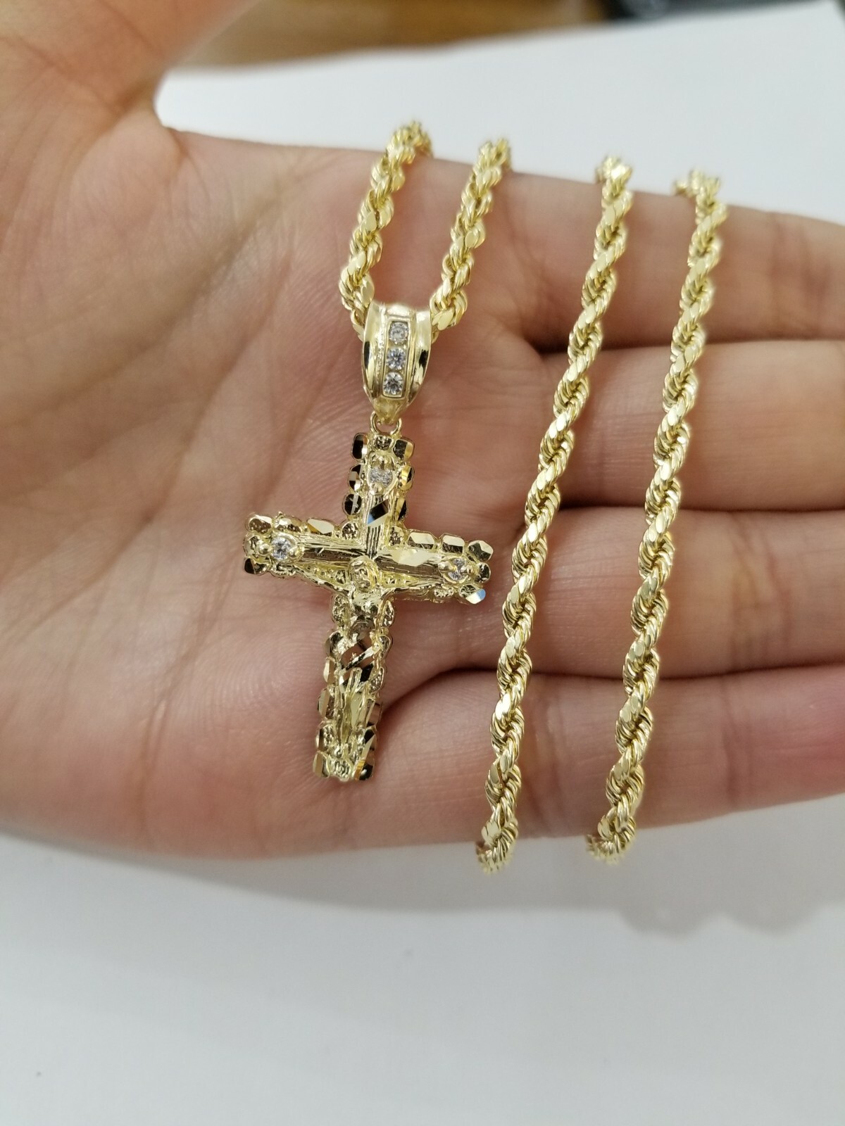 REAL 10k Rope Chain And Cross Charm Pendant 3mm Necklace Jesus Cross Set 16″-28″