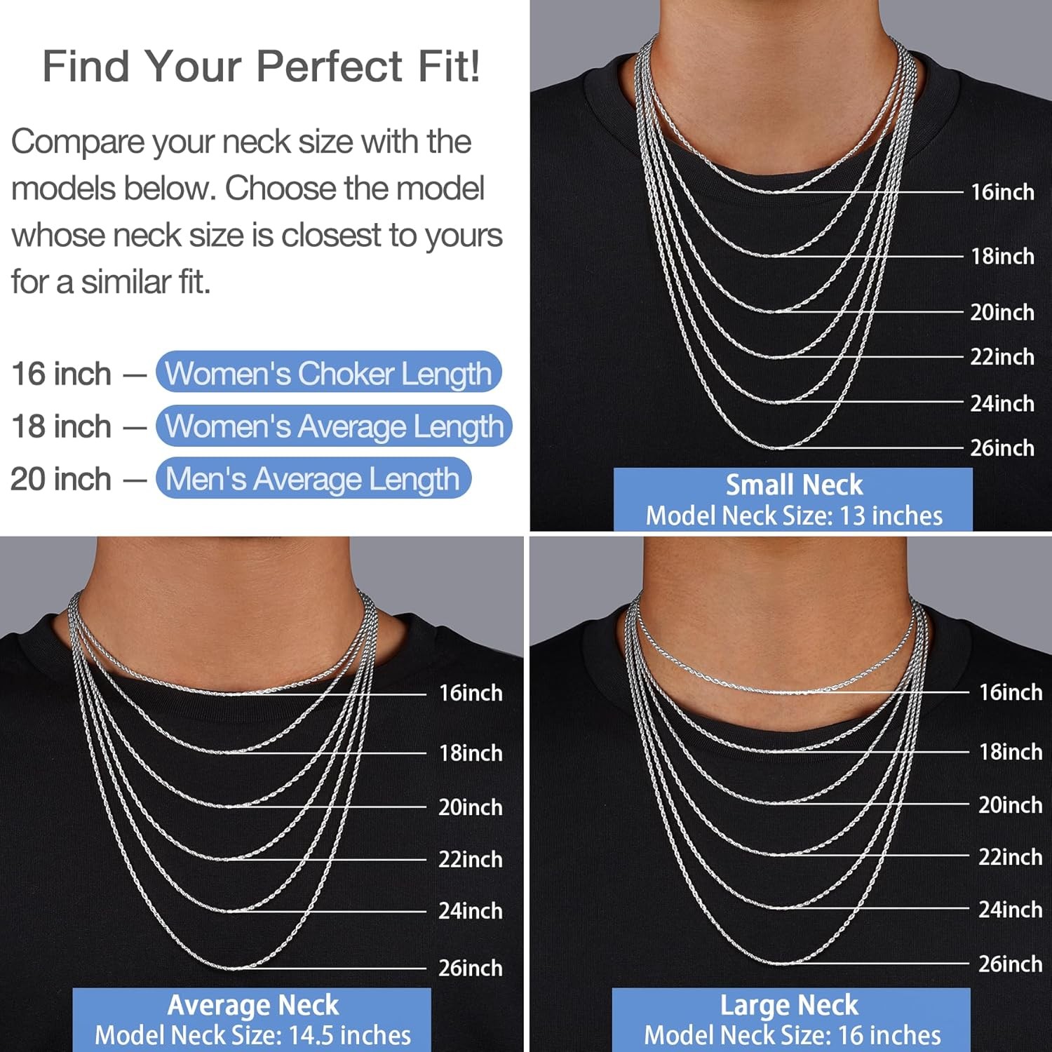 2mm Sterling Silver Rope Chain Necklace 925 Gold Plated 16 18 20 22 24 26 Inch