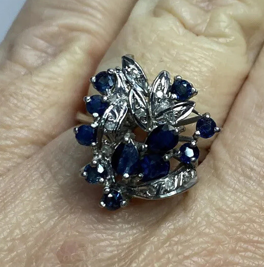 Vintage Palladium Blue Sapphire Diamond Antique Ballerina Gold Deco Ring 6 1/2