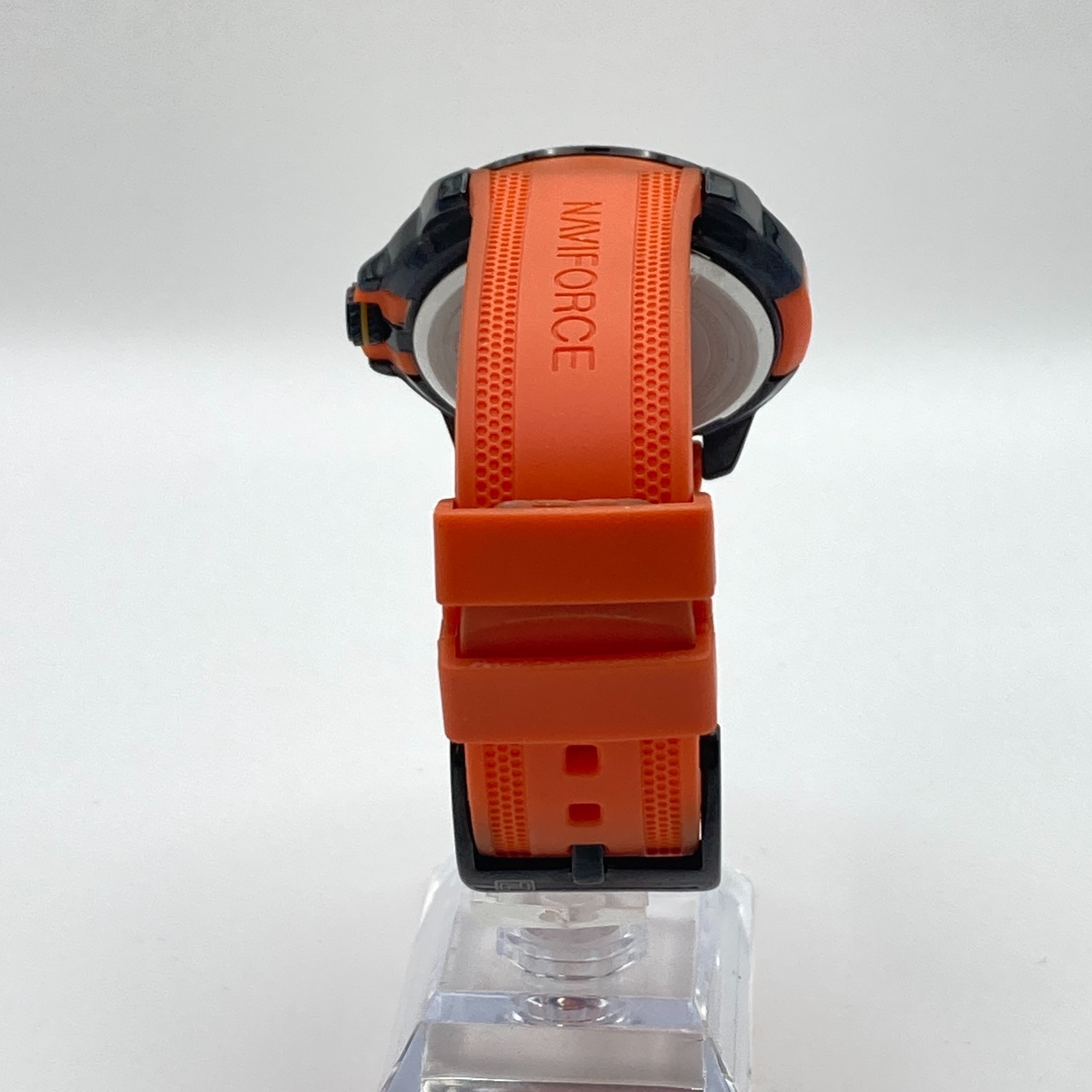 Naviforce Men’s Watch 43mm Black Orange Day Date 30M WR New Battery 9.5″