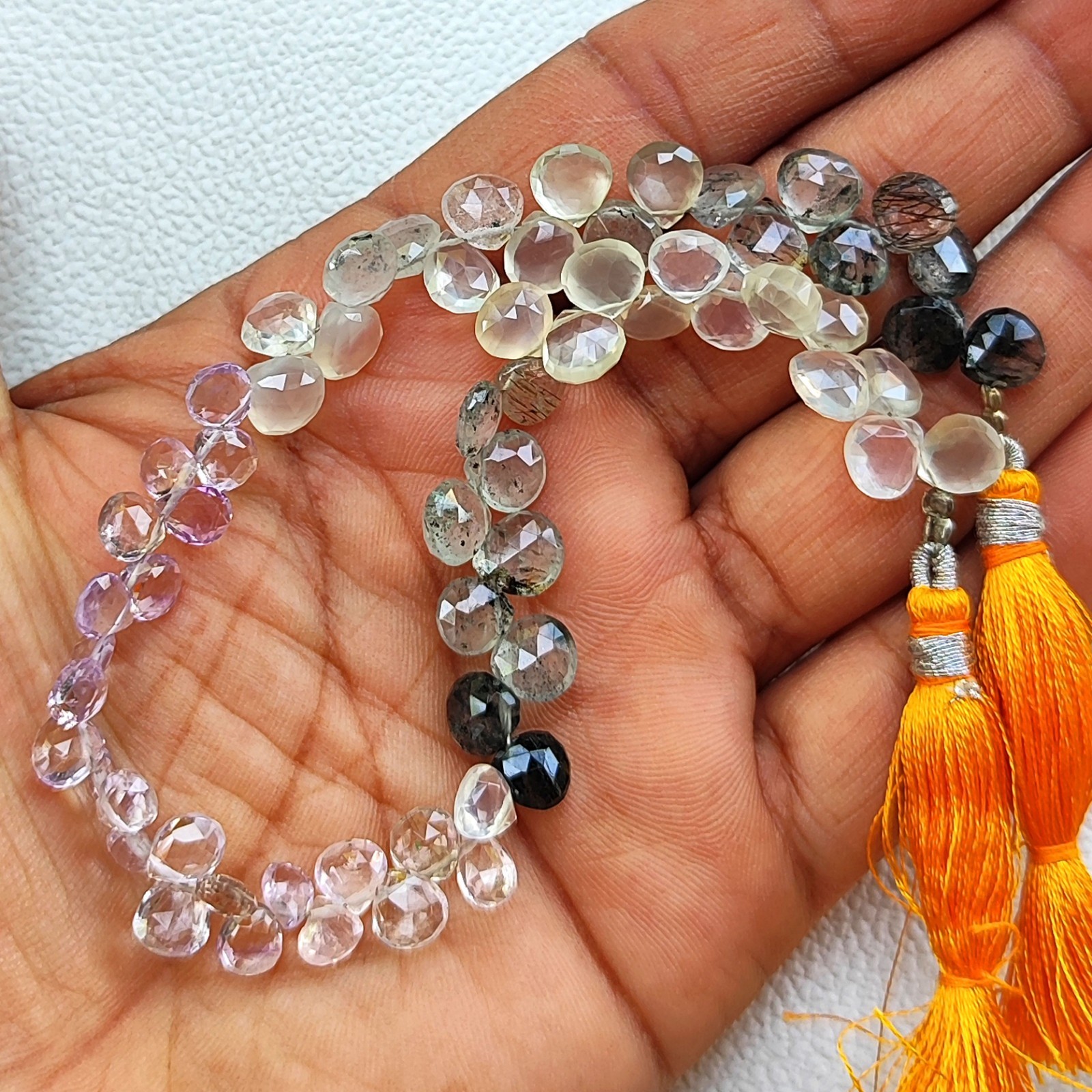 Brazil Super Seven & Rutile Quartz Gems 5-7mm Faceted Briolette Beads 9″ Strand