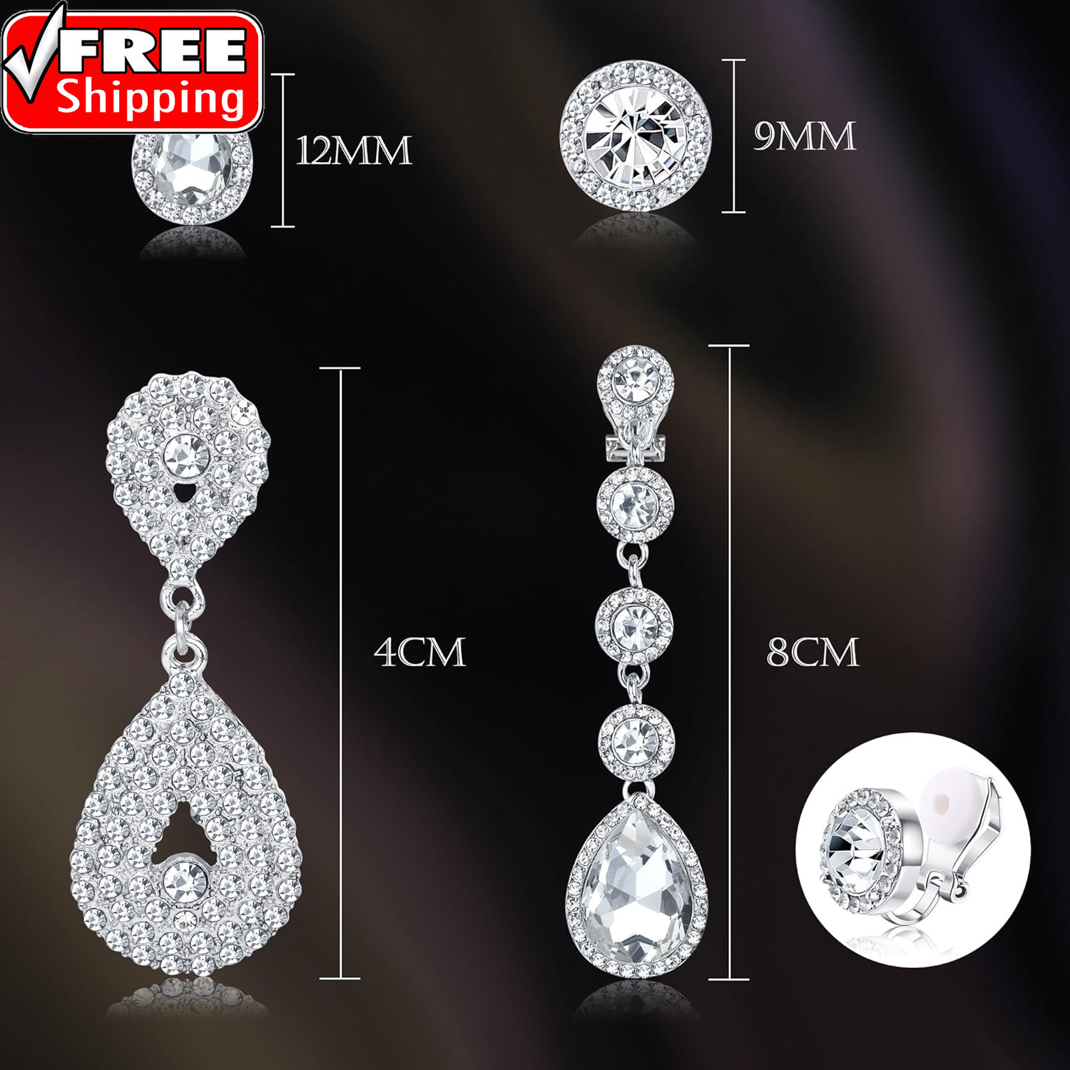 4 Pairs Silver Clip on Earrings for Women Elegant Rhinestone Clip on Earrings Da