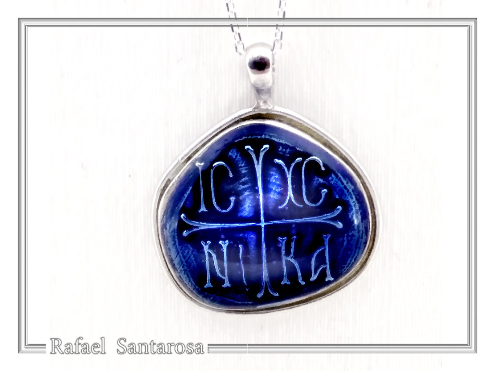 Protection cross coinshape Jesus Christ Wins silver enamel talisman charm