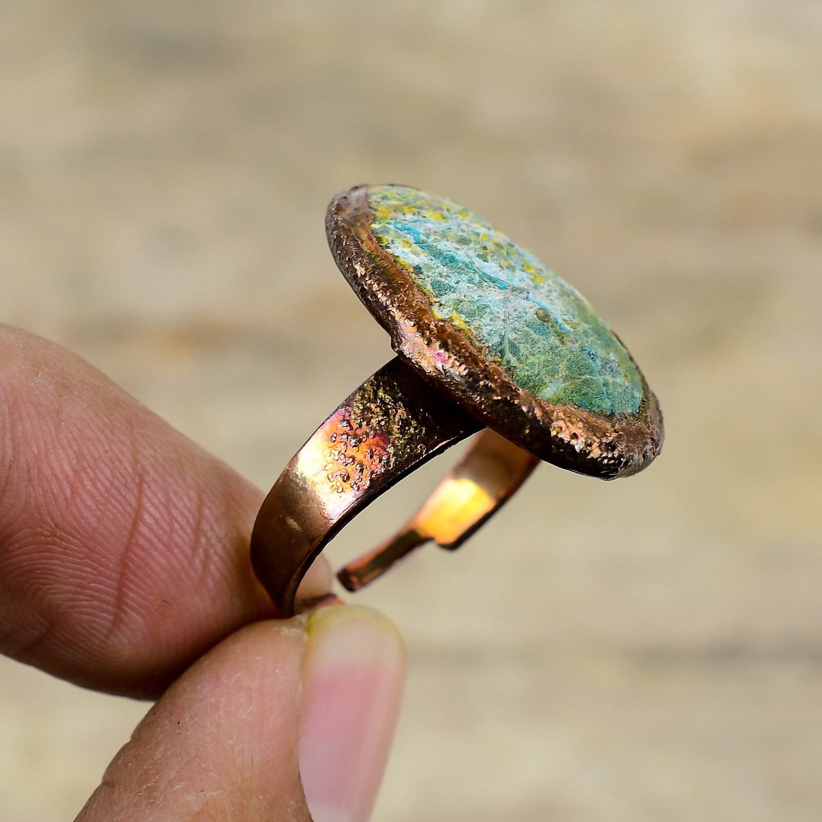 Chrysocolla Rough Copper Mum Gift Electroformed Adjustable Ring Size Adjustable