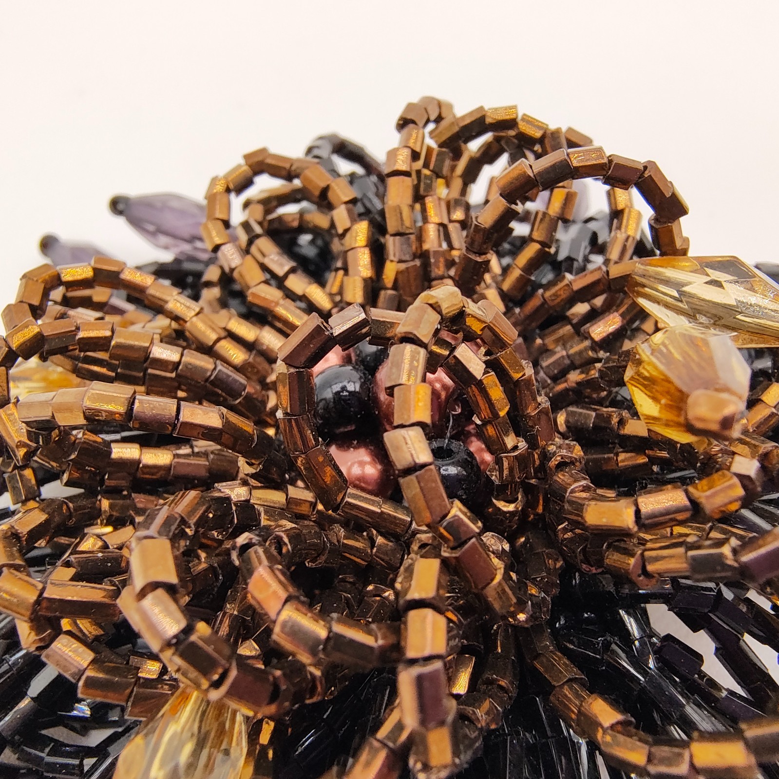 Beaded Flower Brooch Brown Black Boho Glam Maximalist Style Fashion Large