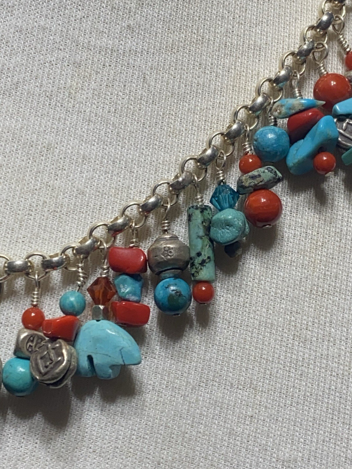 VINTAGE SOUTHWEST TURQUOISE & RED CORAL STERLING SILVER FEATHER CHARM NECKLACE