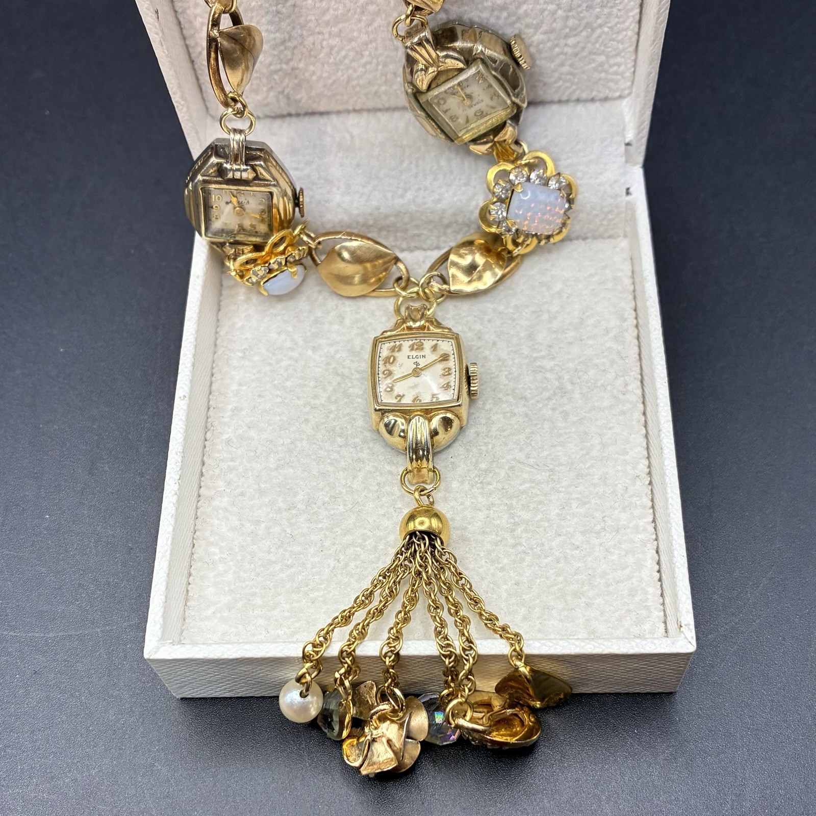 Custom OoaK Vintage Gold Filled Triple Watch Necklace, Opal, Estate Assemblage