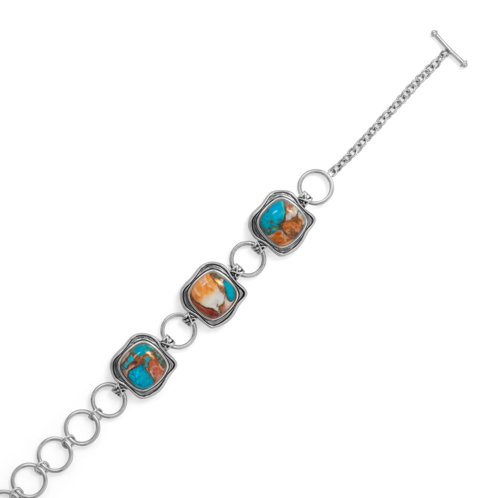 Beautiful Sterling Silver, Spiny Oyster and Turquoise Toggle Bracelet