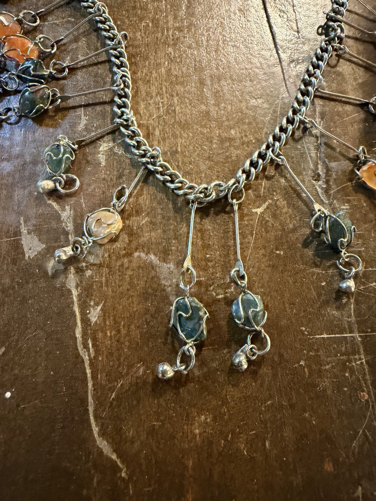 Artisan-Made Dangle Agate & Other Natural Gemstones Necklace One of a Kind 20”
