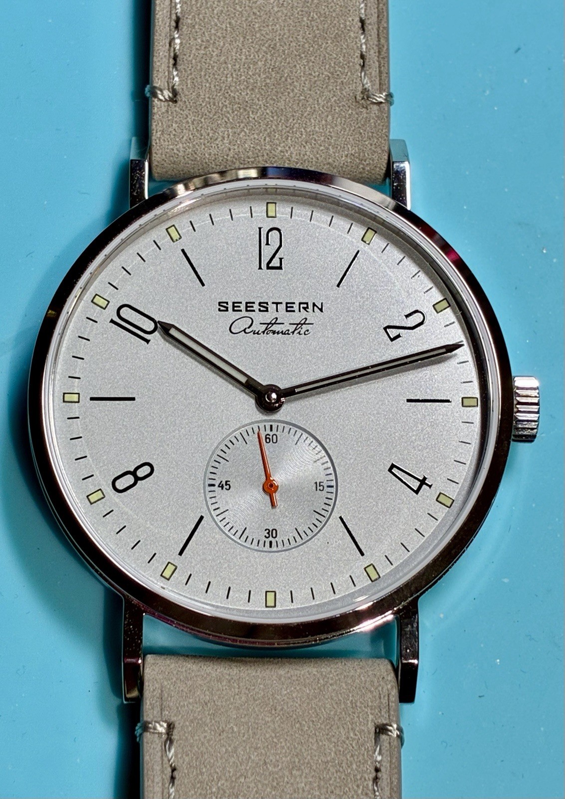 SEESTERN 38MM SMALL SECONDS MINIMALIST BAUHAUS STYLE AUTO SEAGULL LIGHT BLUE NEW