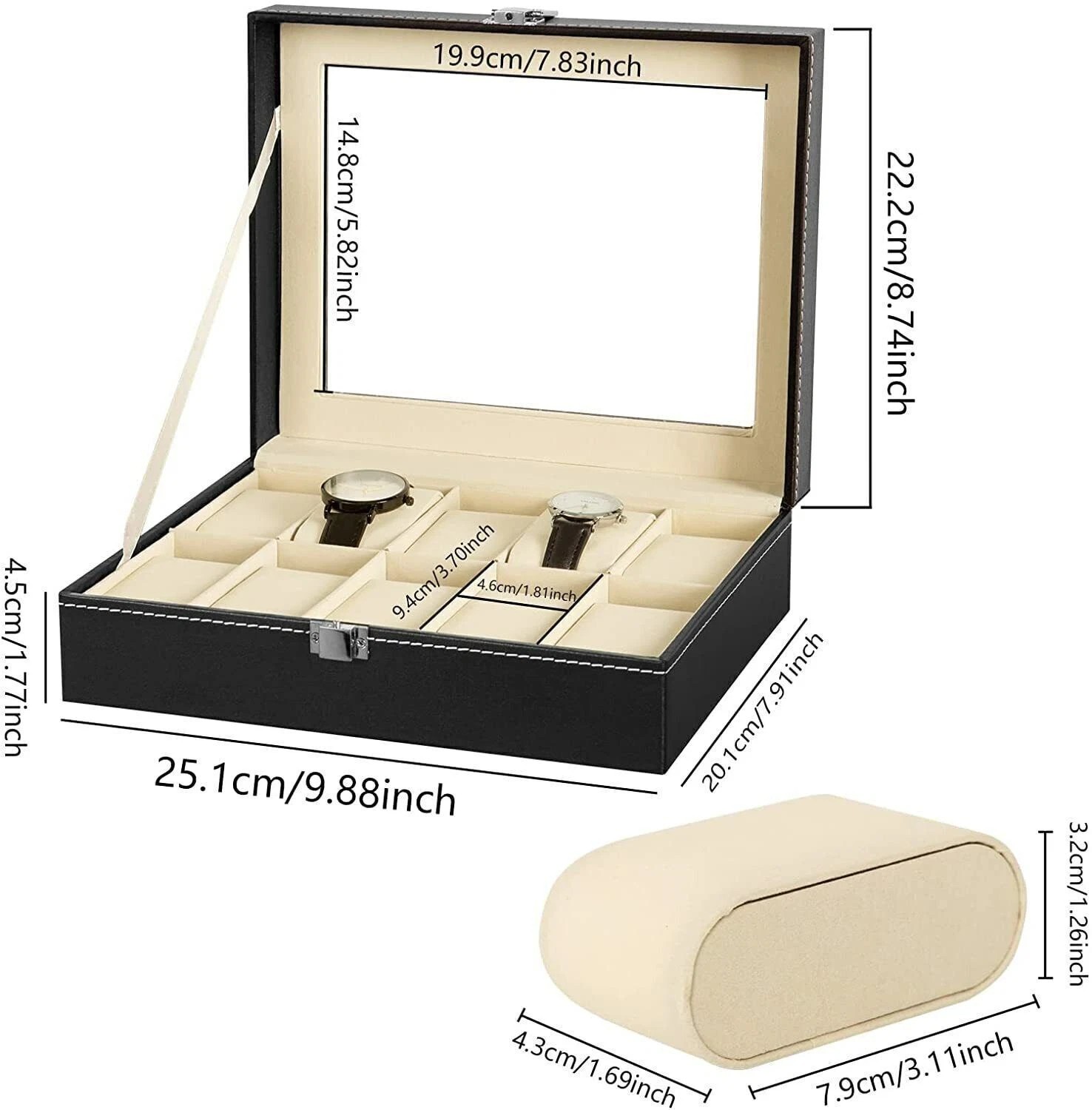 Mens Watch Box Display Case Storage Organiser PU Leather Holder Glass Top Gift