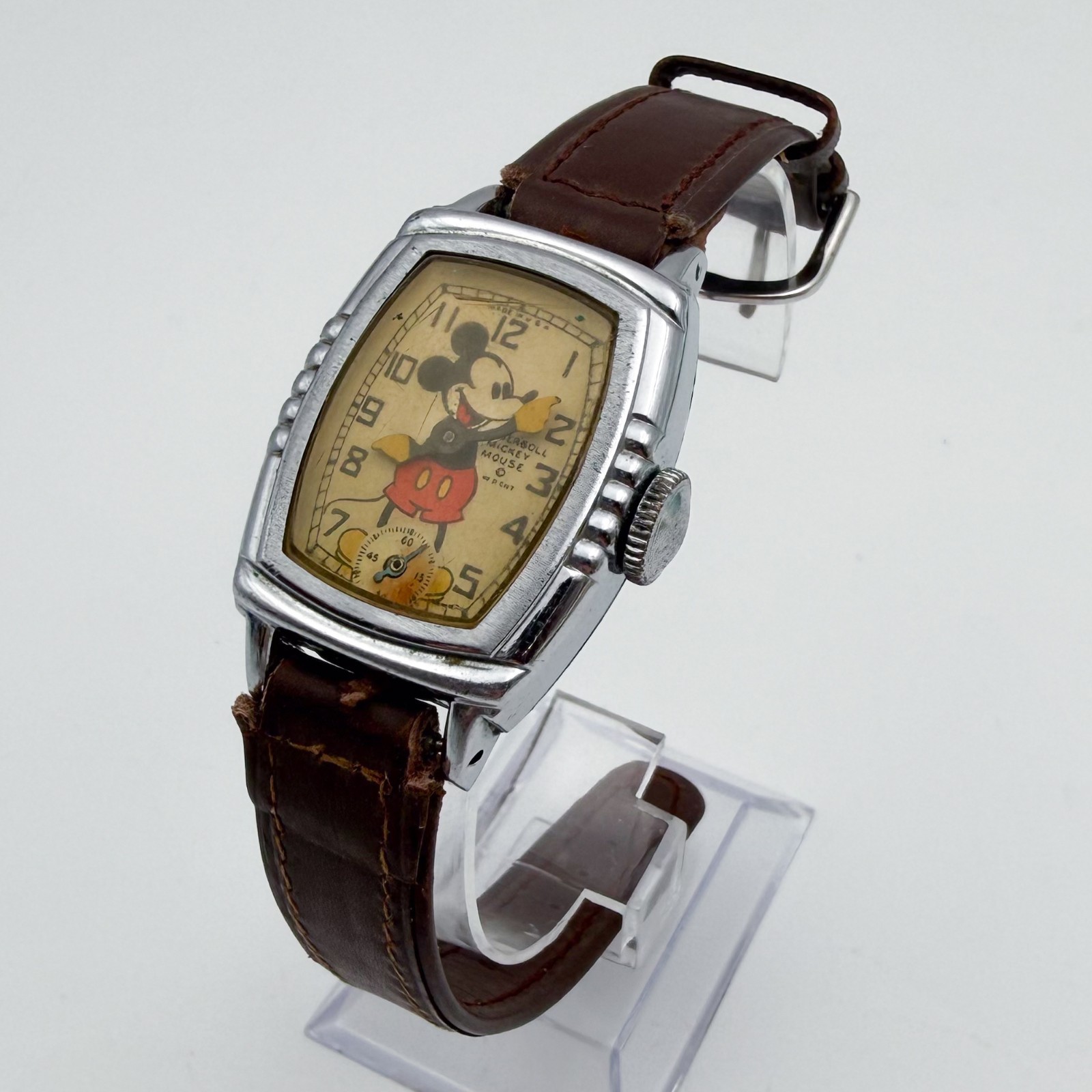 Mickey Mouse 1930’s Disney Ingersoll Chrome Watch w/ Leather Band 1939 Working