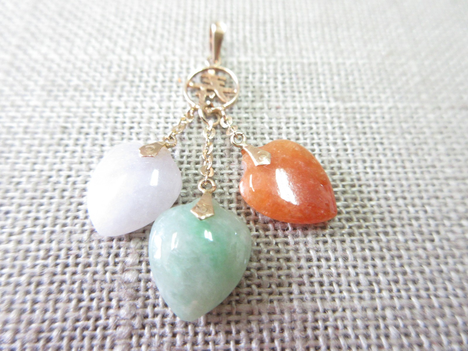 14k Solid Y. Gold Green Brown Lavender Jadeite Jade 3 Heart Pendant Longevity