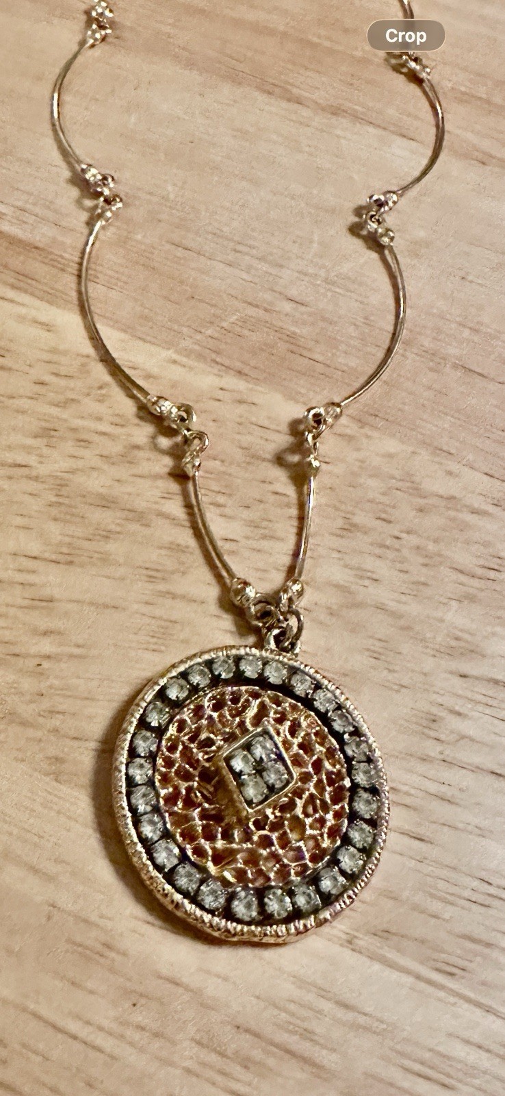 Vintage Gold Tone Filigree Medallion Pendant. Structured Chain. Rhinestones. #85