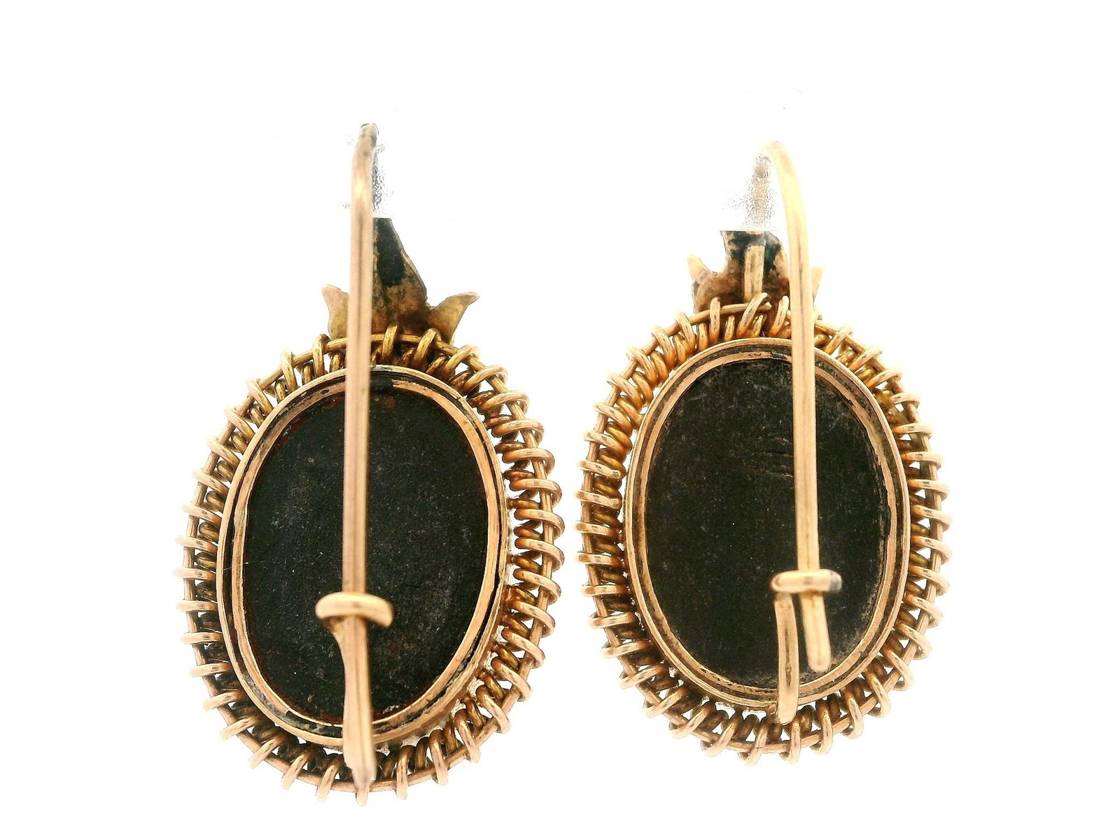 Vintage Yellow Gold Pietra Dura Hard Stone Floral Drop Dangle Earrings