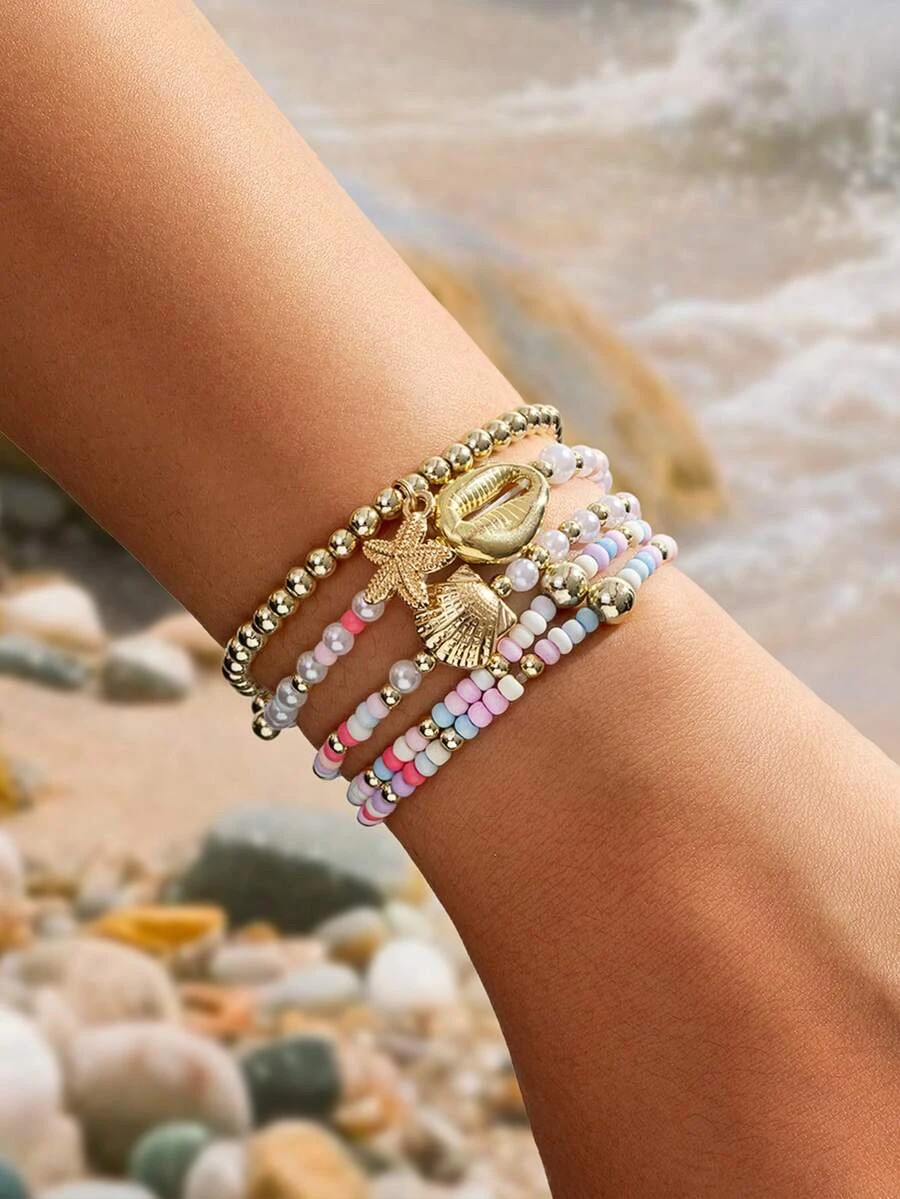 3pcs Starfish Shell Anklet Set Women Beach Beaded Jewelry