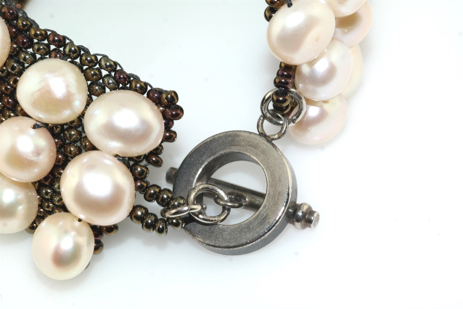 Woven Mesh Micro Bead Cultured Pearl Bracelet Toggle Clasp