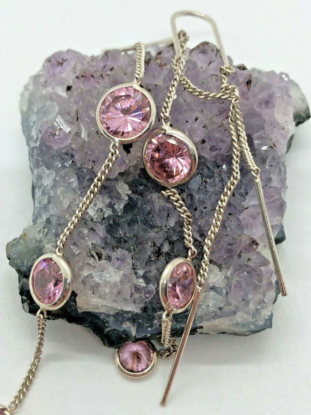 6mm Sparkling Pink Gemstone Threader Chain Pull Through Earrings 3.4 Grams