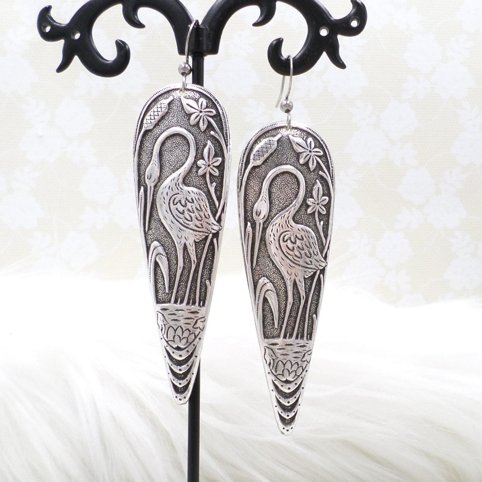 Antique Silver Plated Crane Statement Earrings, Heron Jewelry Gift For Women