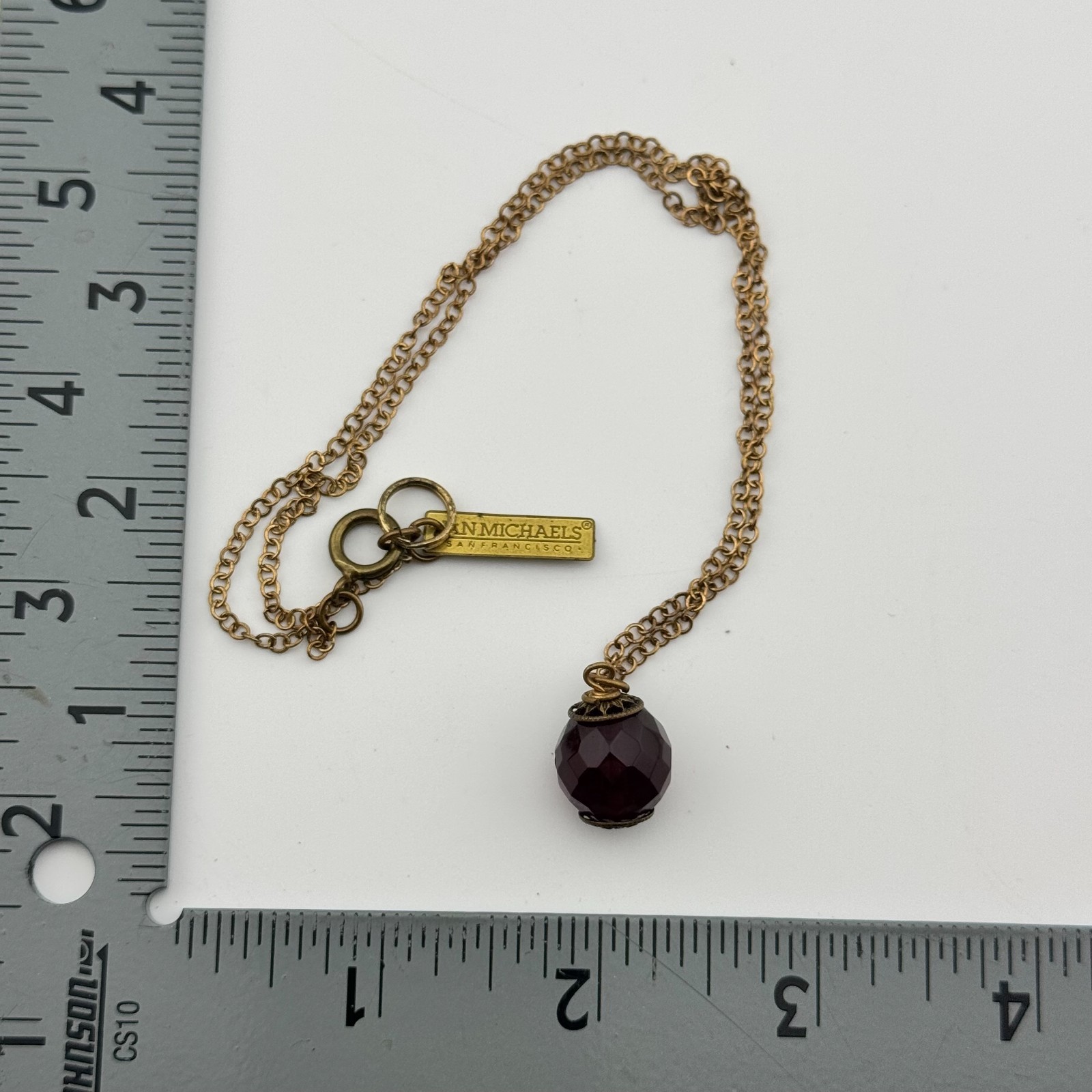Ann Michaels SF Gold Tone Necklace w/ Faceted Burgundy Bead Pendant 18″