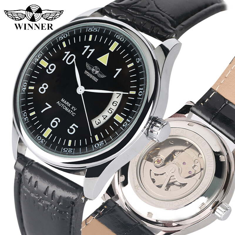 WINNER Men’s Automatic Mechanical Wrist Watch for Men Steel Case Leather Strap