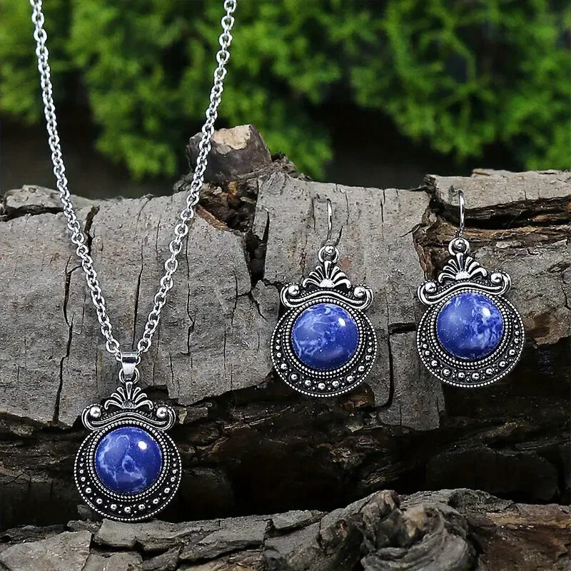 3pcs Earrings Plus Necklace Boho Style Jewelry Set Inlaid Natural Stone Delicate
