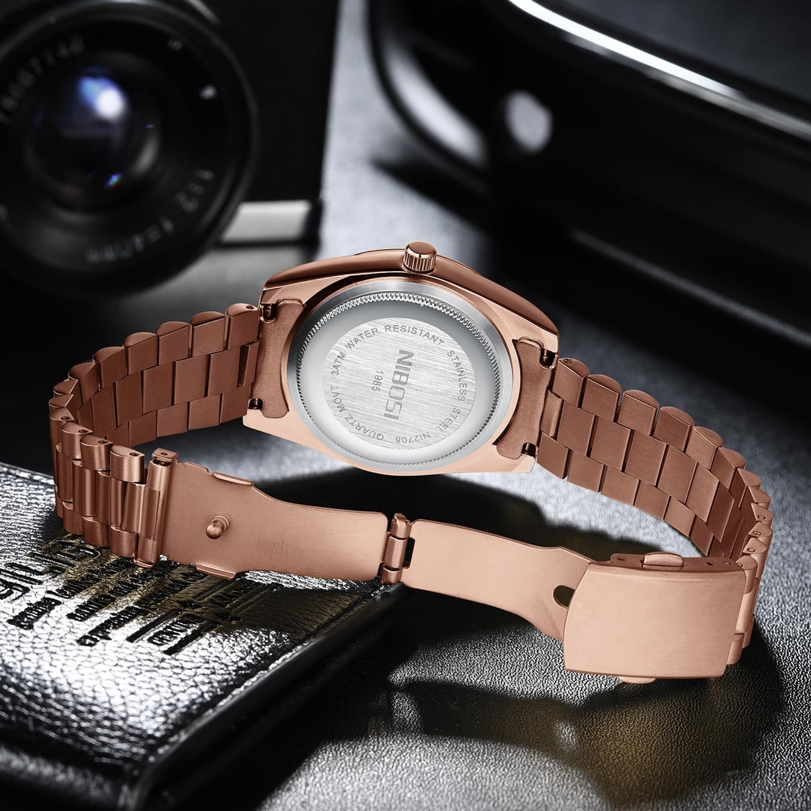Men’s Watches Analog Quartz Diamond Bezel Stainless Steel Brown Dial Rose Gol…