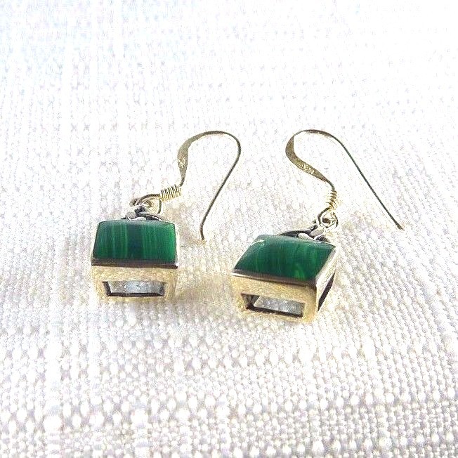 Lab-Created Malachite Sterling Silver Triquetra Celtic Knot Dangle Earrings