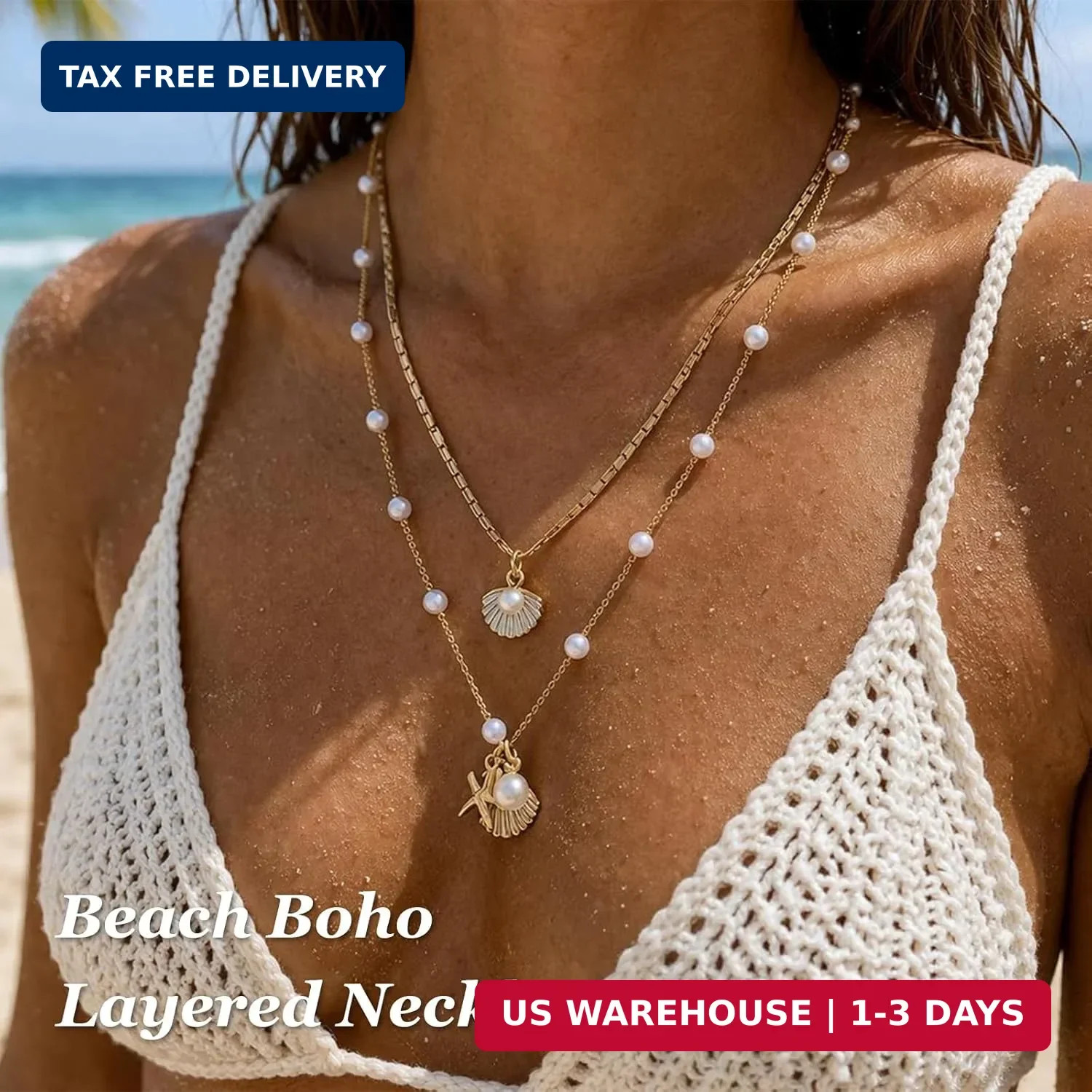 Shell Starfish Necklace for Women Gold Tone Layered Beach Jewelry Pearl Seashell