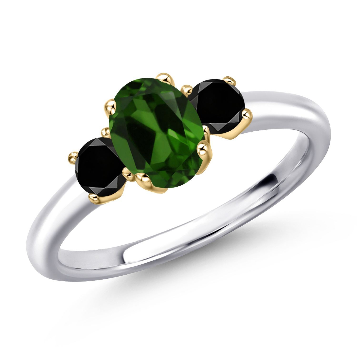 925 Silver and 10K Yellow Gold Green Chrome Diopside and Black Diamond