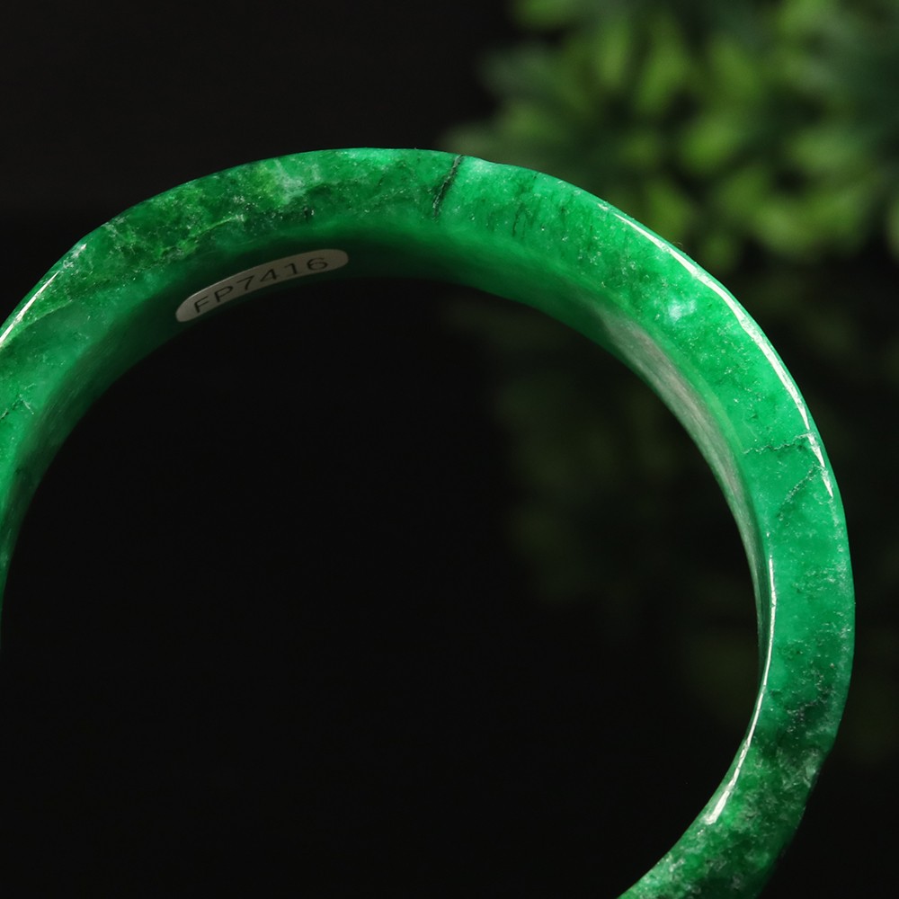 61mm Emerald Green Jadeite Jade Bangle Bracelet Coin Ruyi Flower Rabbit A-14885