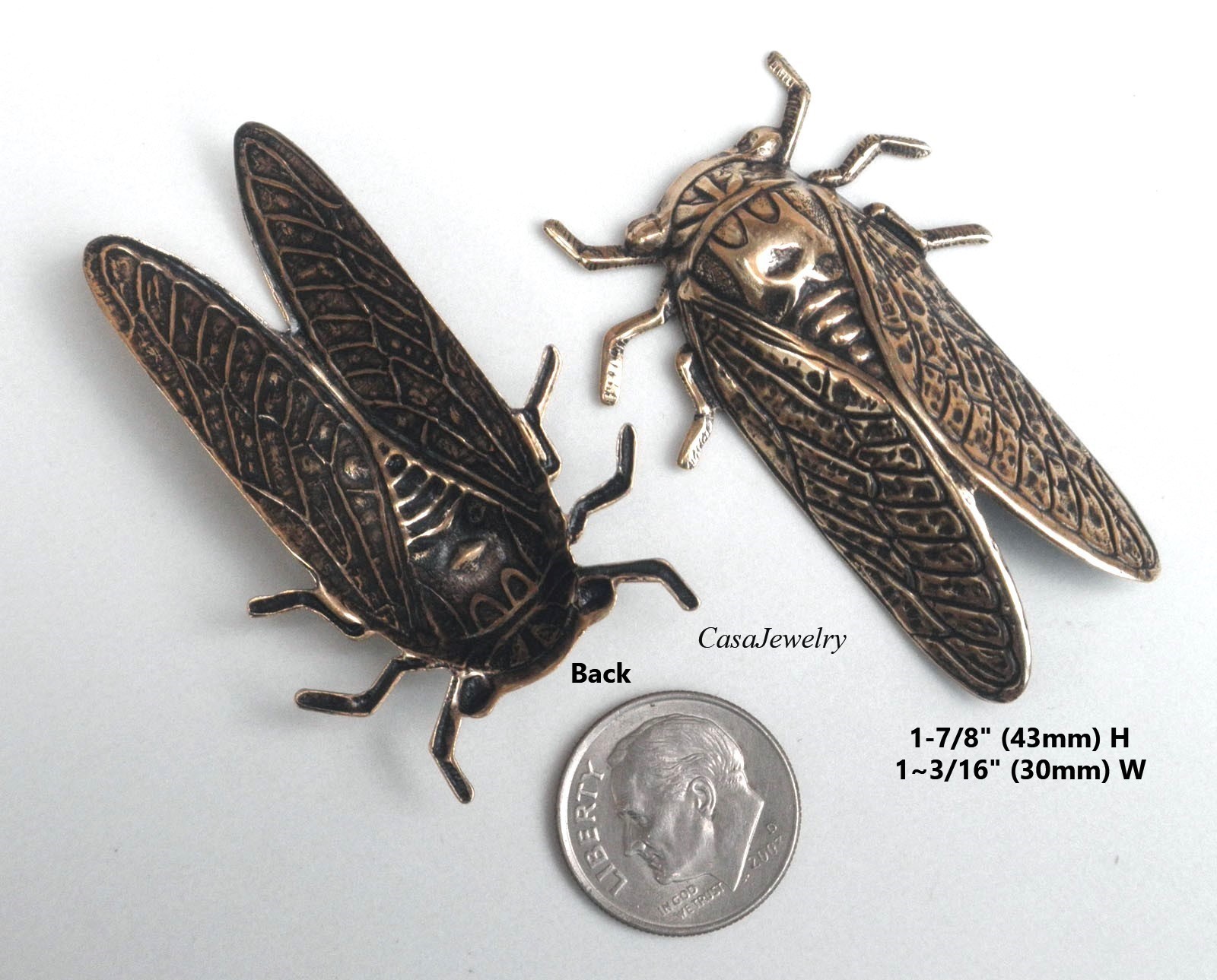 #5013 LARGE ANTIQUED GOLD CICADA STAMPING – 2 Pc Lot