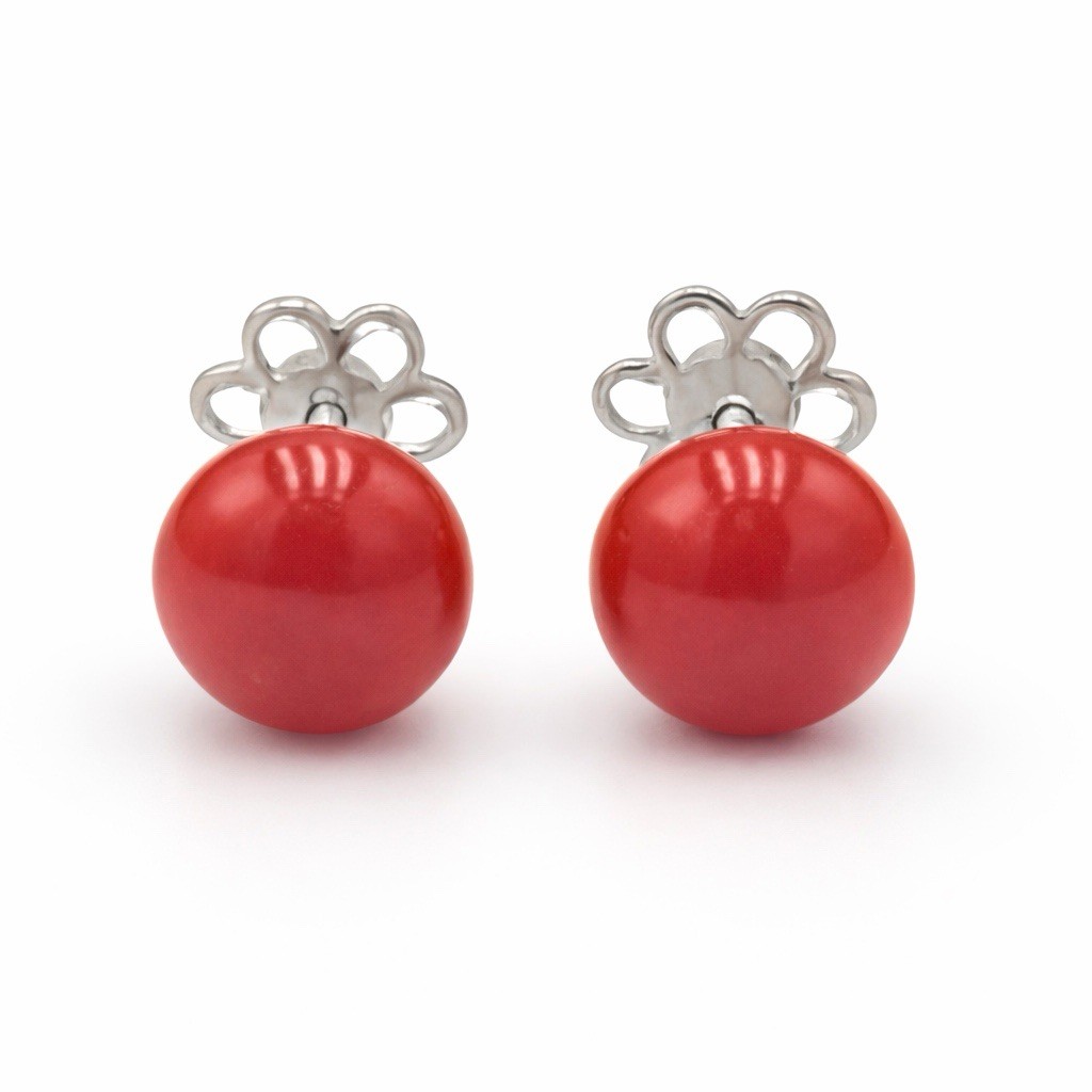 Mediterranean Red Coral Earrings 8mm 925 Silver – Elegant Buttons Women