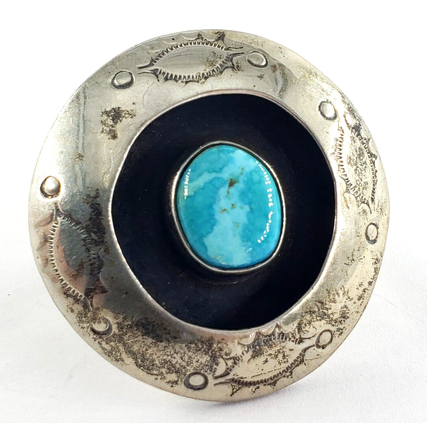Vintage Sterling Silver Ring Womens Size 8.75 Turquoise Southwestern Circle Disc
