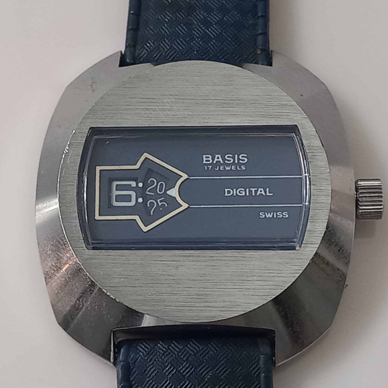 NOS 1960-70’S SWISS BASIS DIGITAL JUMP HOUR MANUAL WIND 17J WATCH + TROPIC STRAP