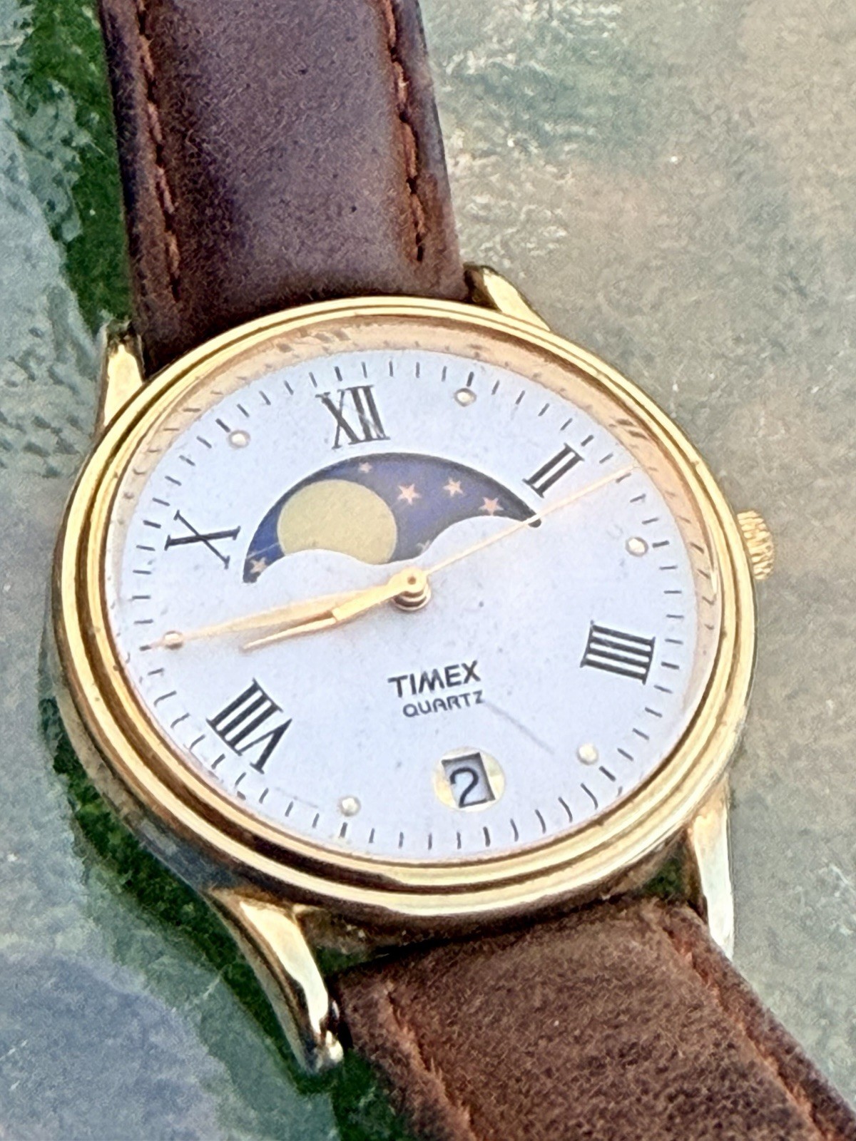 Vtg Timex Moon Phase Watch Unisex Gold Tone New Tan Leather Band, Needs Battery