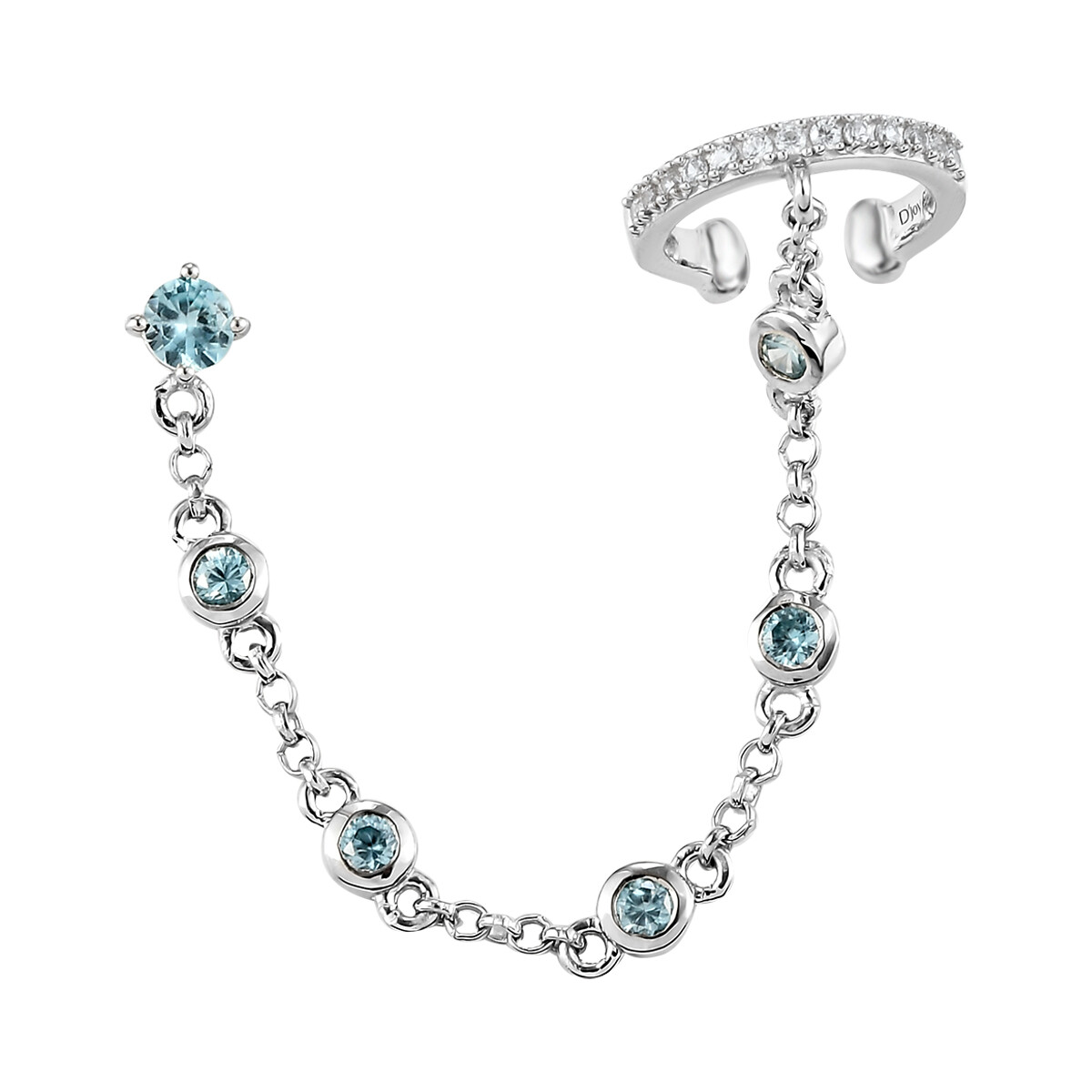 1.20ctw Blue & White Zircon Earring with Chain Ear Cuff Platinum Plated