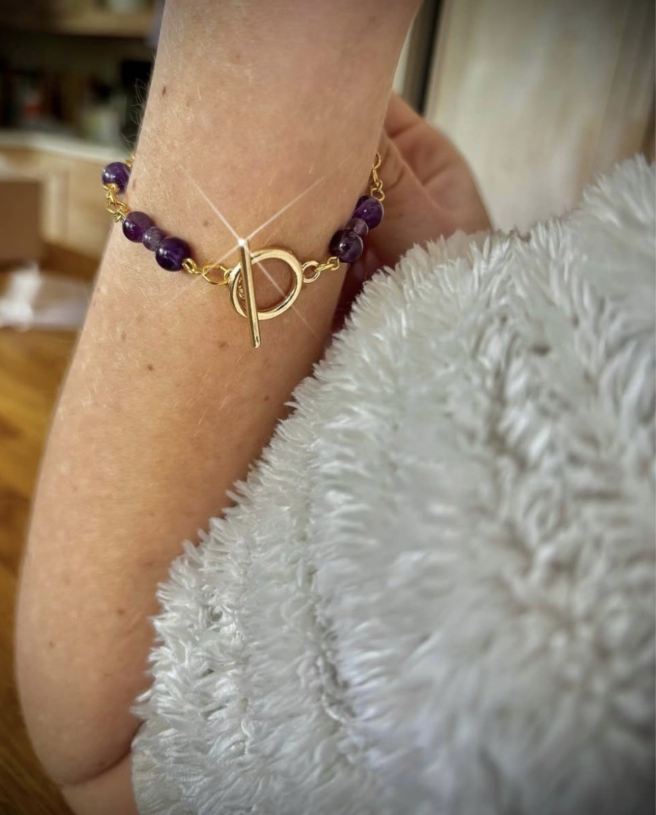 Gold Tone Cable Chain Toggle Bracelet w/ Round Amethyst Stones, Dangle Charm
