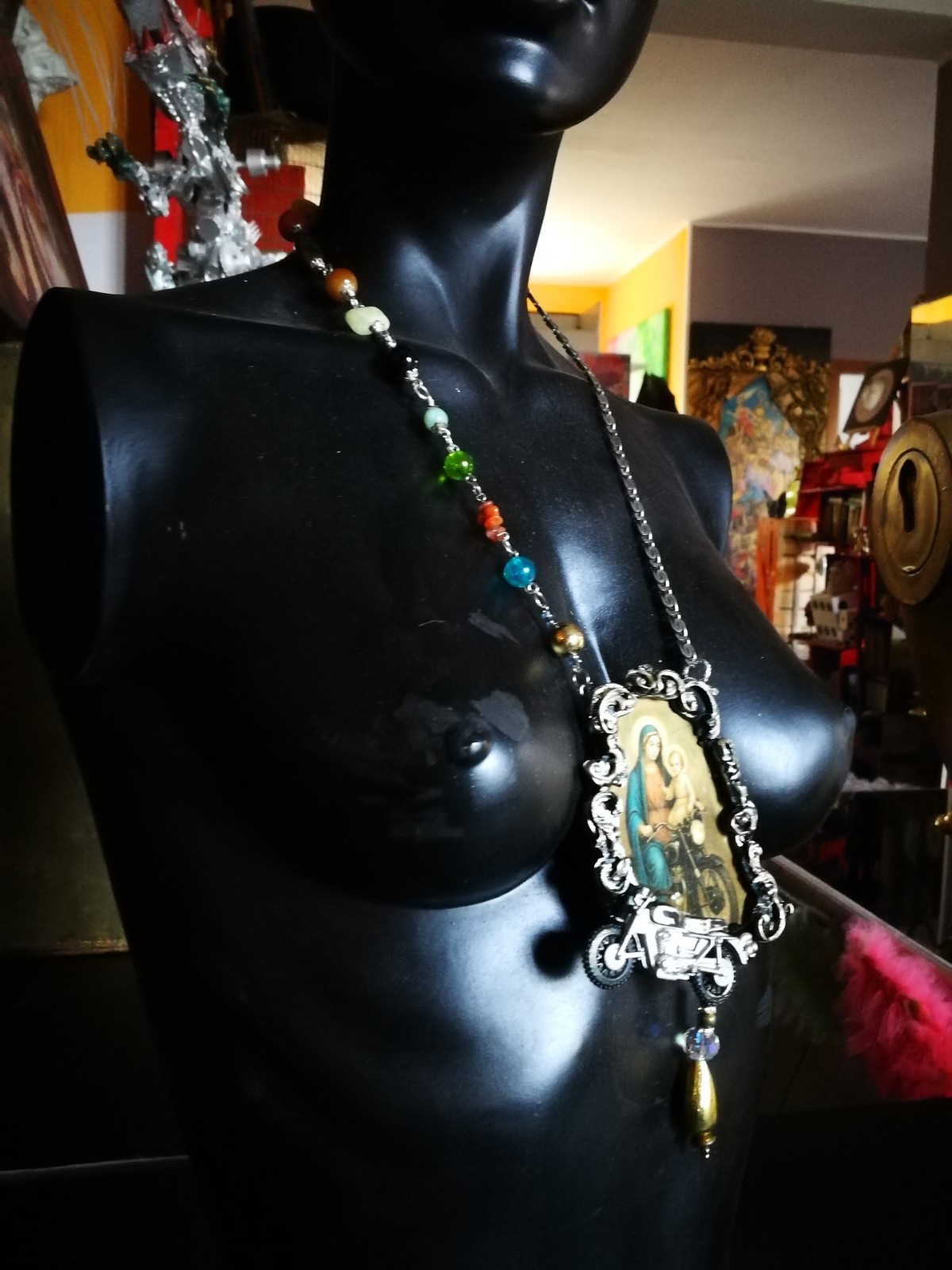 Vintage Assemblage Jewelry Necklace Pendant Baroque Pop Religion Motorcycle Fans