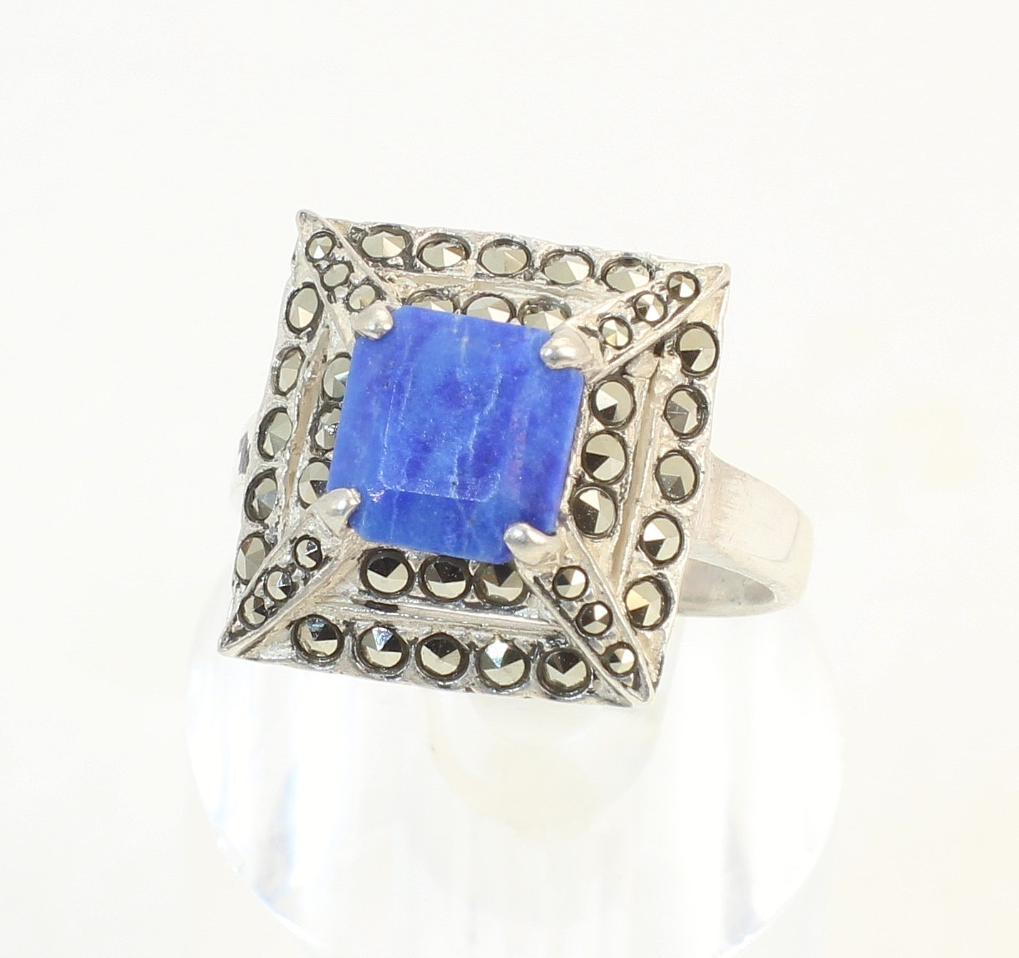 Vintage Blue Sodalite + Marcasite Sterling Silver Ladies Cocktail Ring Size 8