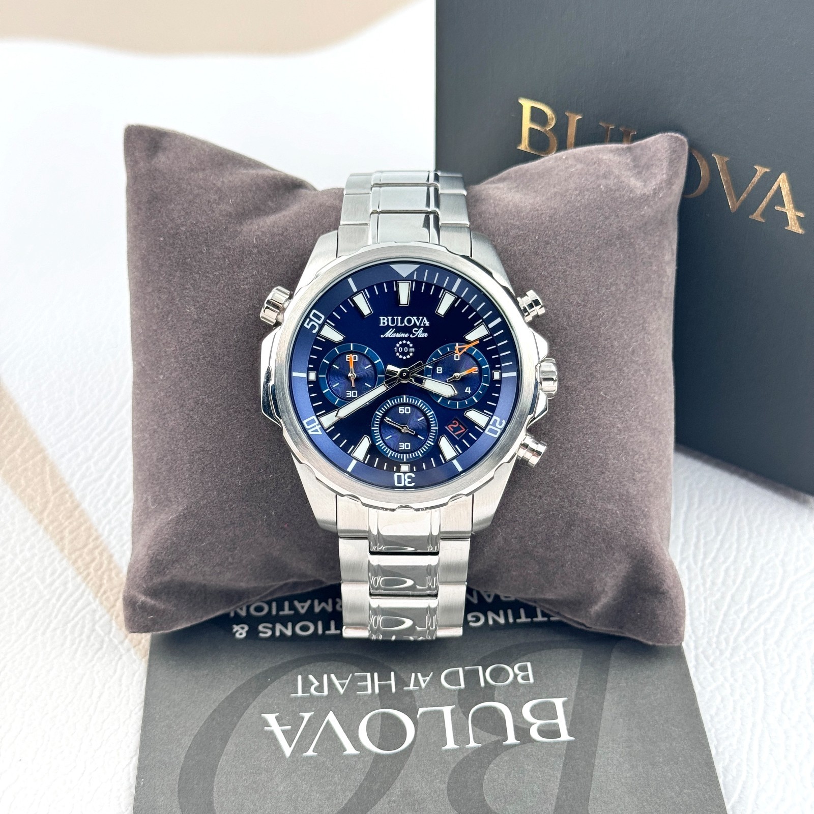 Bulova Men’s Marine Star 43MM Blue Dial Stainless Steel Chronograph Watch 96B256